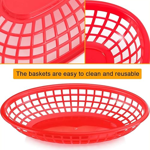 Miniatura 4 de Paquete de 50 cestas ovaladas de plástico para comida rápida, 9 x 5.7 pulgadas, canastas de plástico rojo para servir alimentos, cestas