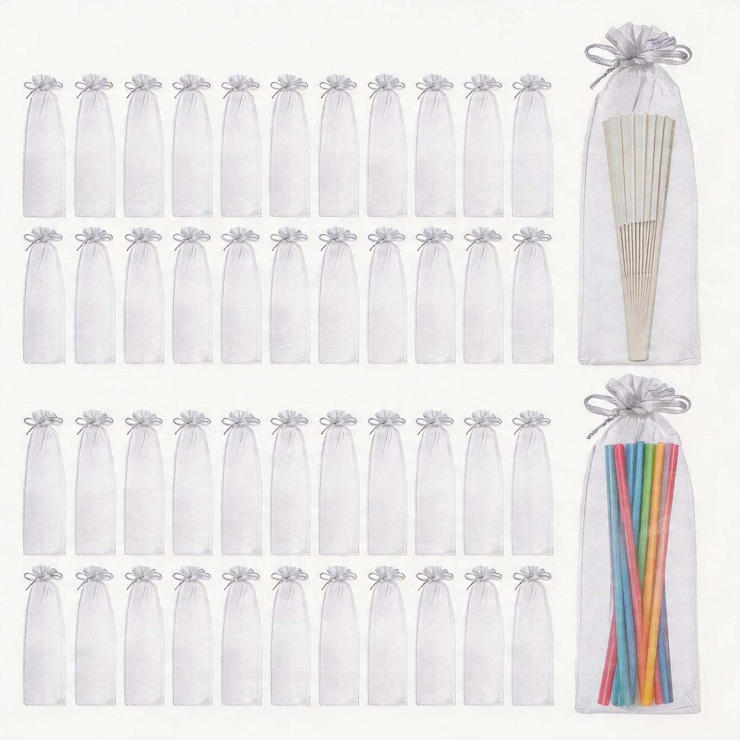 Healeved 50 Pcs White Organza Hand Fan Bags - 10 x 2.4 Inch Drawstring Mesh Pouch Sheer Jewelry Bags for Wedding Party Favors, Church, Bridal Shower - Portable Folding Fans Sleeve Holder