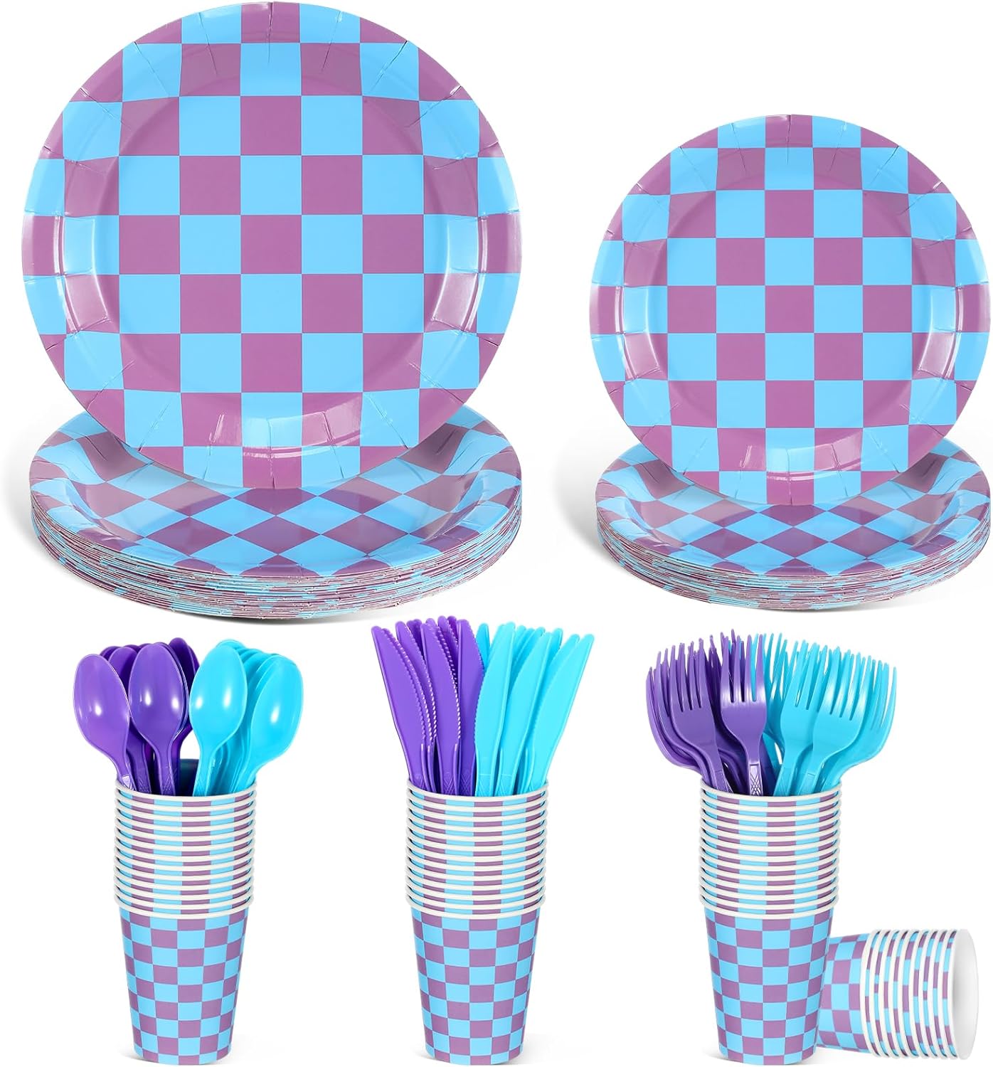 Zhehao 144 Pcs Pink and Green Checkered Party Decor Tableware Pink and Green Gingham Plaid Paper Plates Cup Napkin Knives Fork Spoon for Witch Princess Themed Party Disposable Supplies Serve 24 Guest