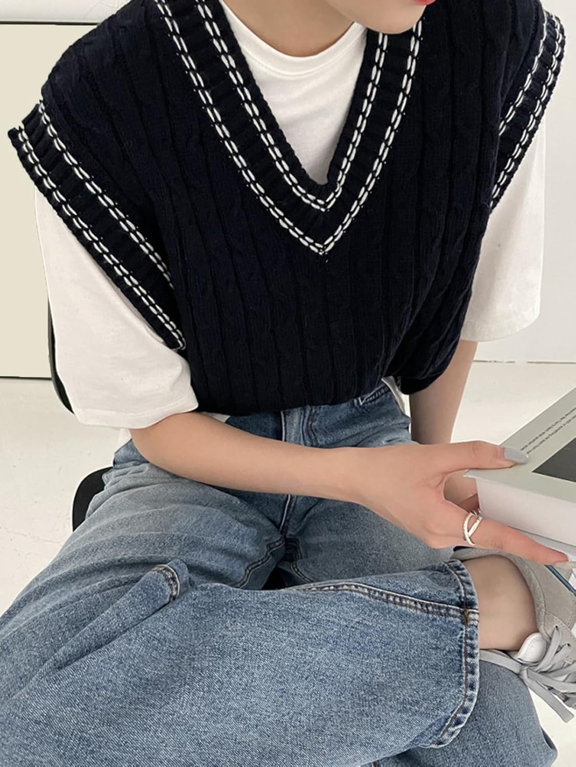 [FDGFJ] ニットベスト レディース Vネック ベスト トップス ゆったり ショート アウター 袖なし 上着 柔らか ストレッチ