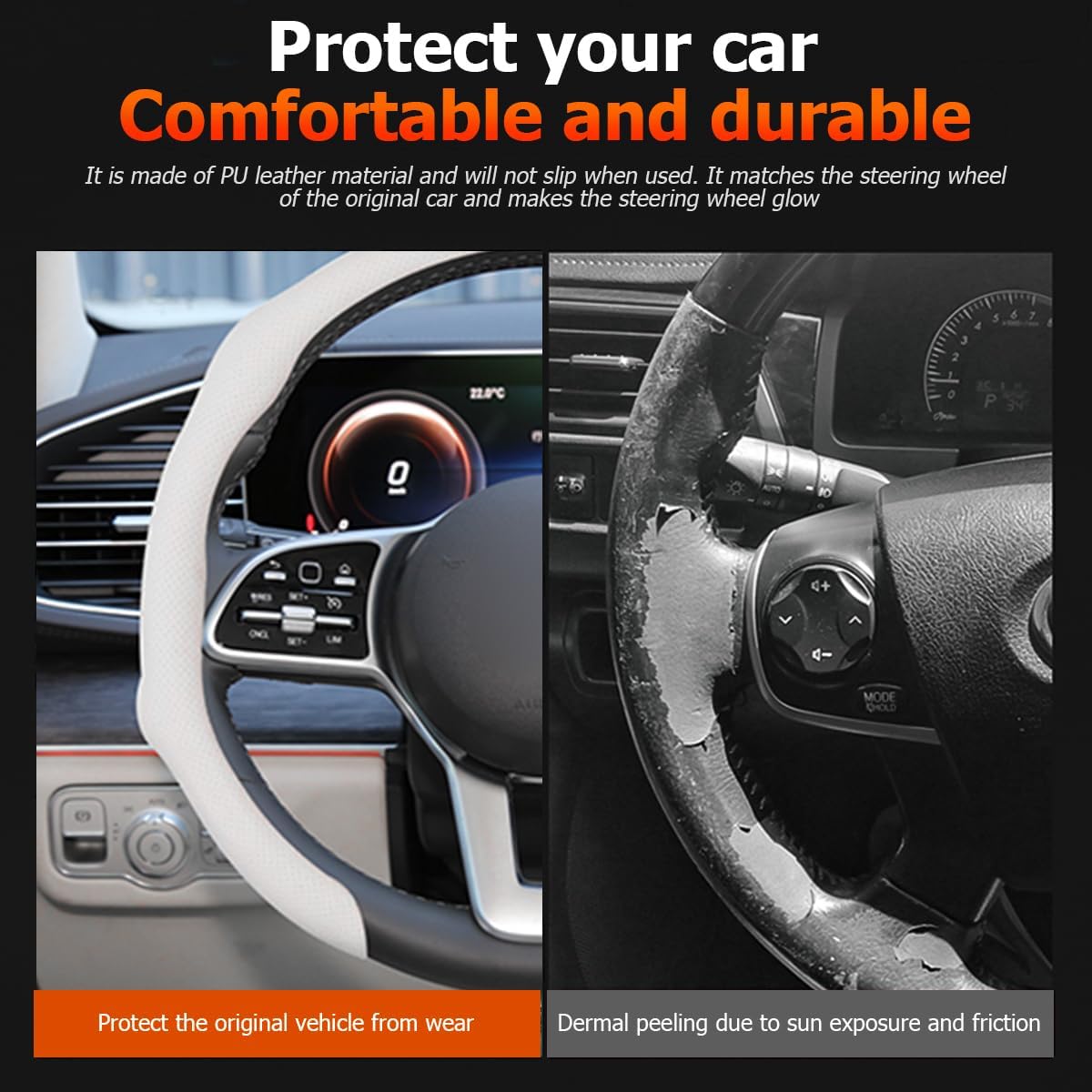 Osilly 15 Inch Nappa Leather Steering Wheel Cover, Spliced Design, White image 5