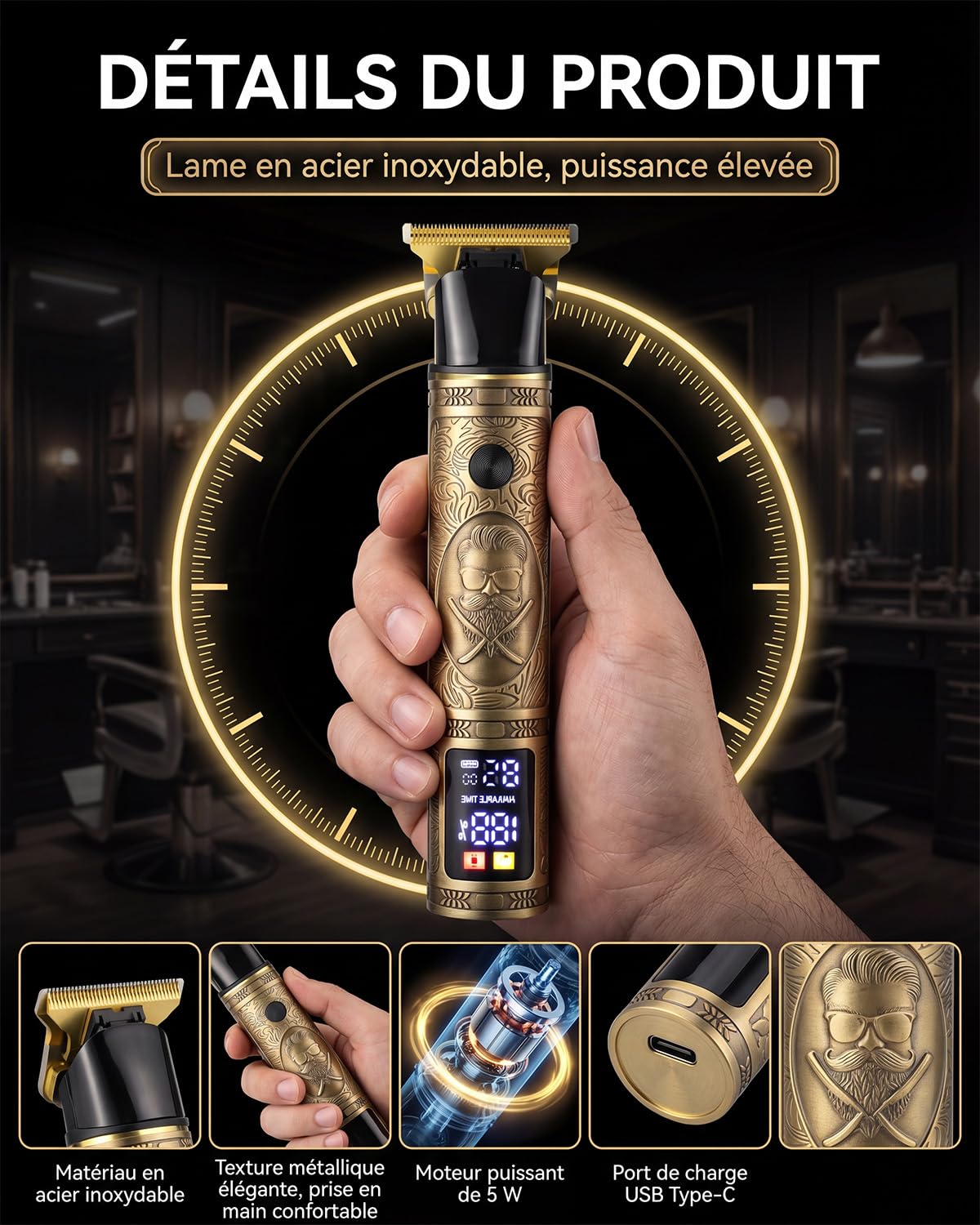 Tondeuse Cheveux Hommes, Tondeuse Barbe Homme T Zéro écart Avec écran LED, IPX7 Étanche à L'eau Sans Fil Tondeuse Precision Rechargeable, Tondeuse Professionnelle pour Famille Barbier et Cadeau Homme