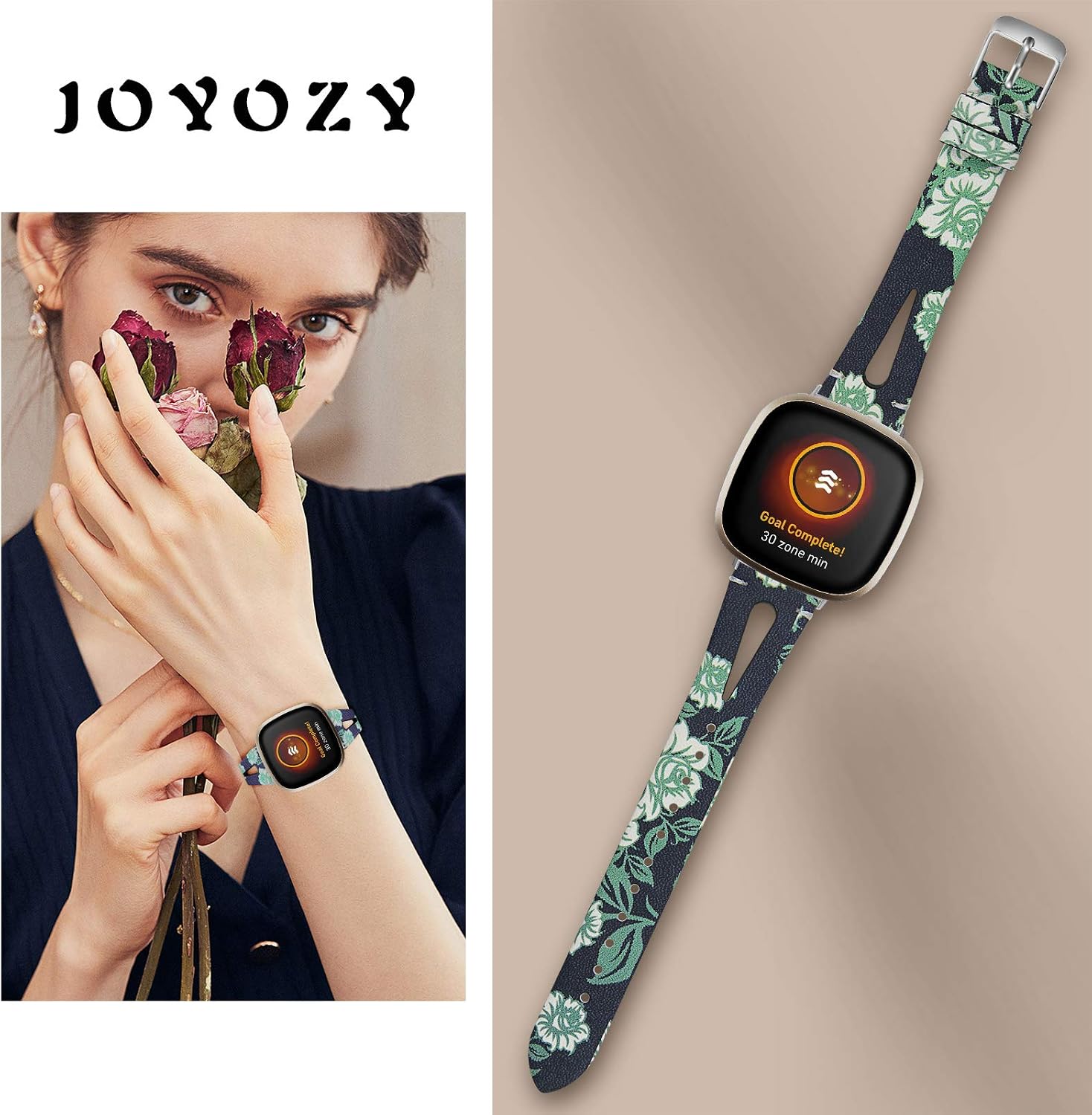 JOYOZY Breathable Leather Bands with Clear Screen Protector Case for Fitbit Versa 3&Sense Smartwatch Slim Wristbands Replacement Women Men Triangle Hole Strap for Versa 3&Sense FloralB
