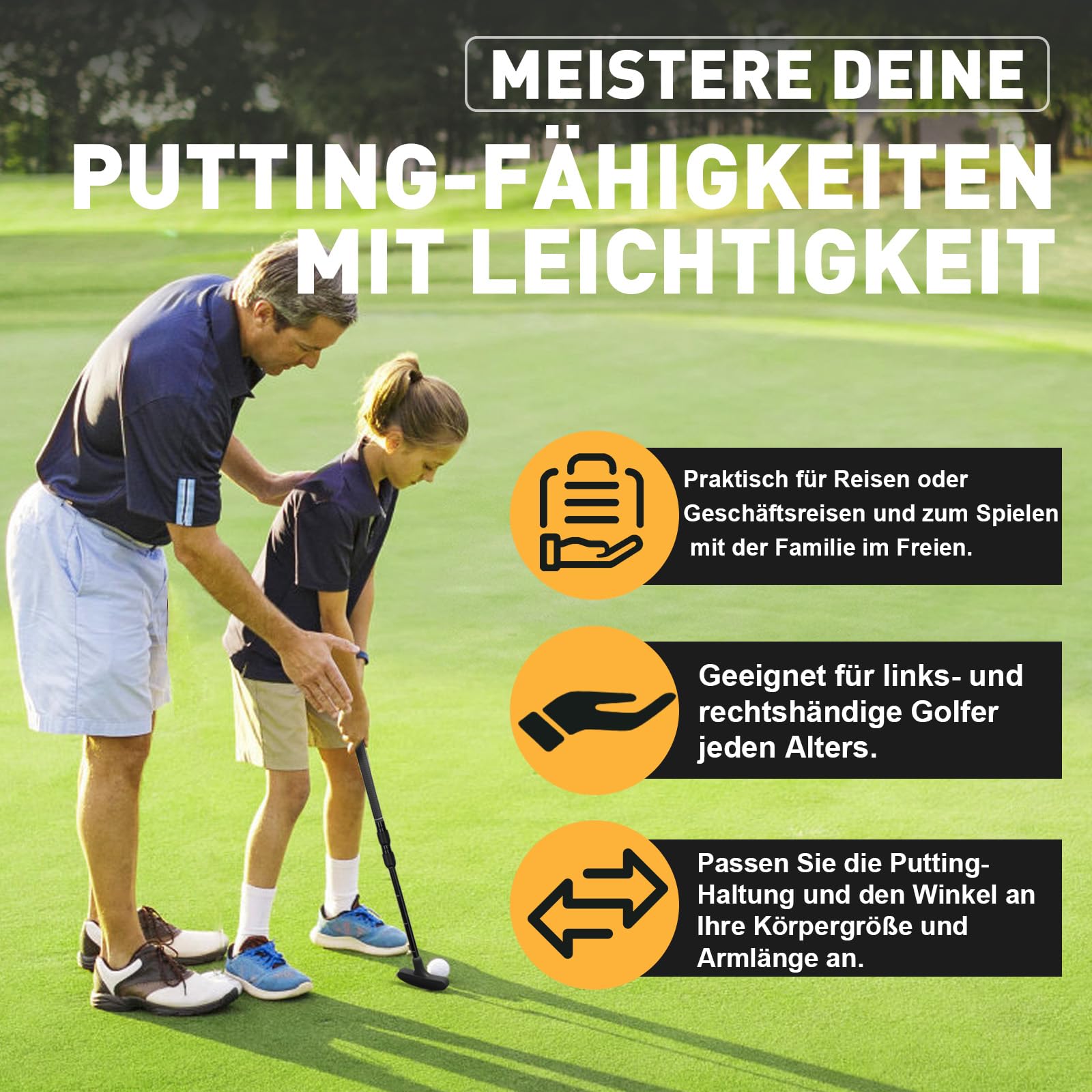 Golf Putter Verstellbar, für Links- und Rechtshänder – Komplettset in Schwarz inklusive 4 Bällen und 1 Fahnenloch – Ideal für Kinder, Jugendliche und Erwachsene (Einzelpackung)