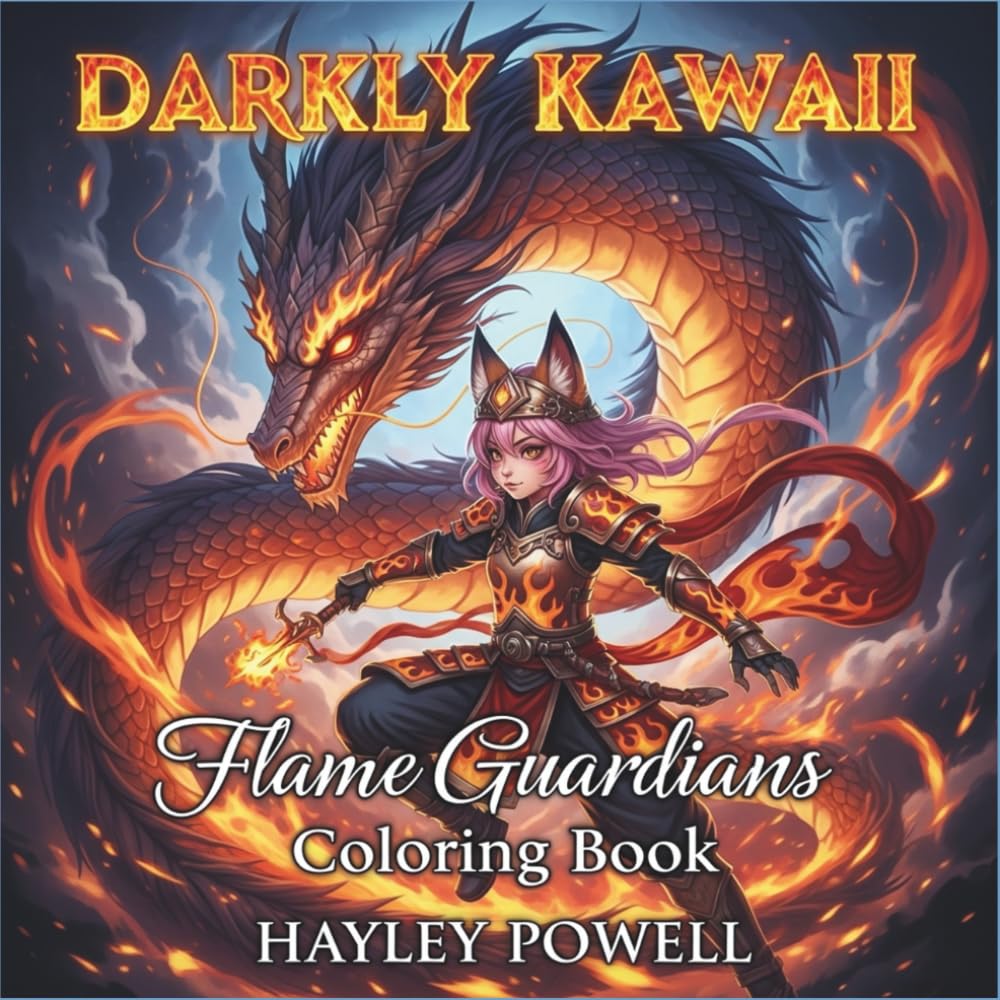 Darkly Kawaii: Flame Guardians Coloring Book - 40 Fire Spirits, Dragons and Mystical Warriors - Gothic Anime Designs for Adults (Anime Coloring Book)