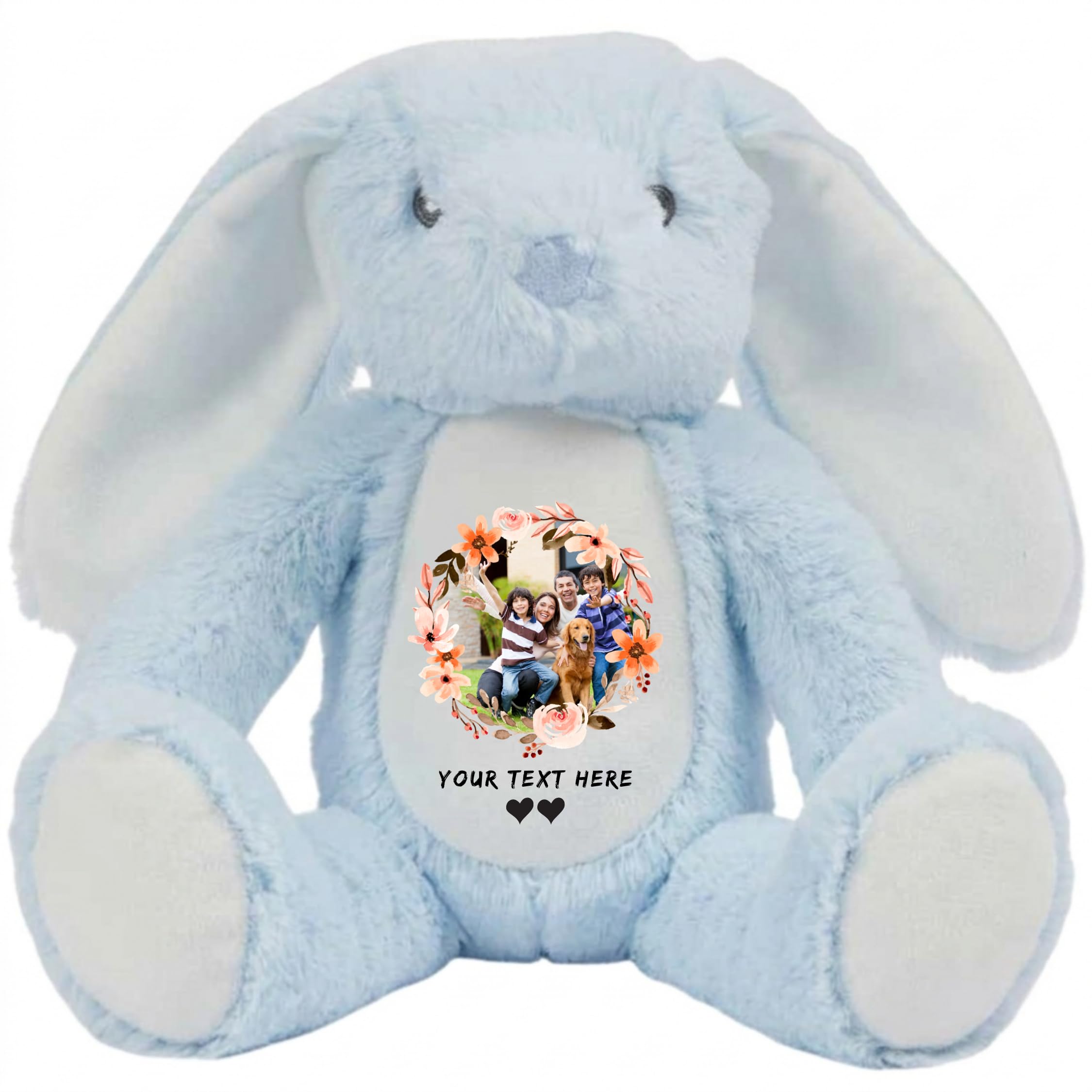 Be Buz Personalized Bunny Plush Toy with Photo and Text – Custom Baby Memory Gift – Soft Stuffed Rabbit Keepsake – Newborn, Birthday, Baby Shower (Blue)