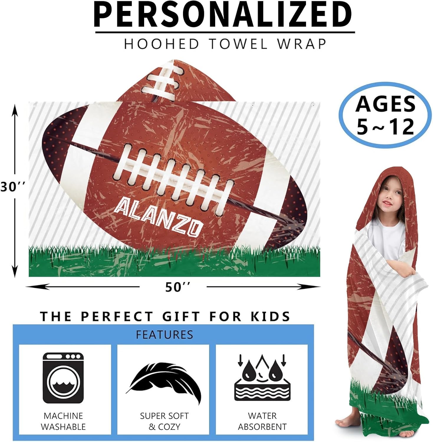 Custom Name Sport Gym Football Kids Hooded Bath Beach Towel Girls Boys Swim Pool Cover Up Super Absorbent Bath/Pool/Beach Towel