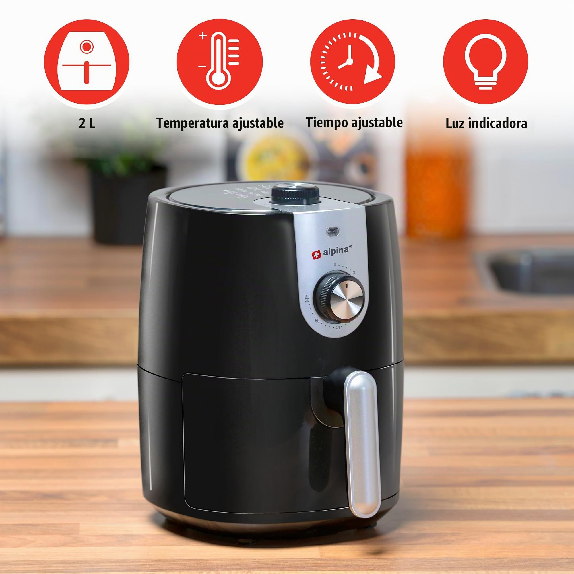 alpina Freidora Aire 2L - Air Fryer Adecuada para 2 a 3 Personas - Freidora sin Aceite con Temporizador y Temperatura Ajustable - Plástico - Negro
