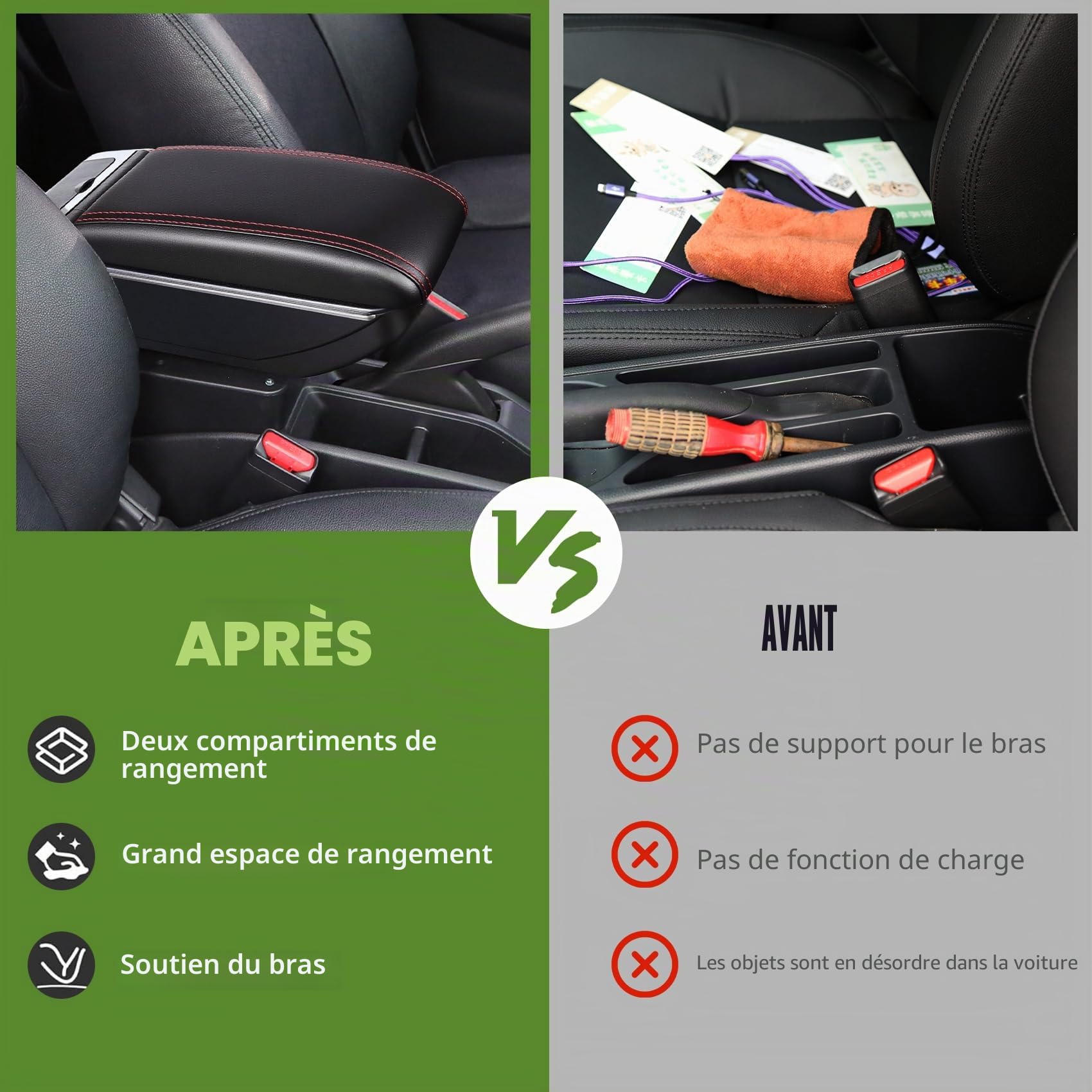 Accoudoir Centrale pour Citroen Berlingo, Rangement Intégré, Cuir Noir, Facile à Installer, Accessoire Intérieur Voiture