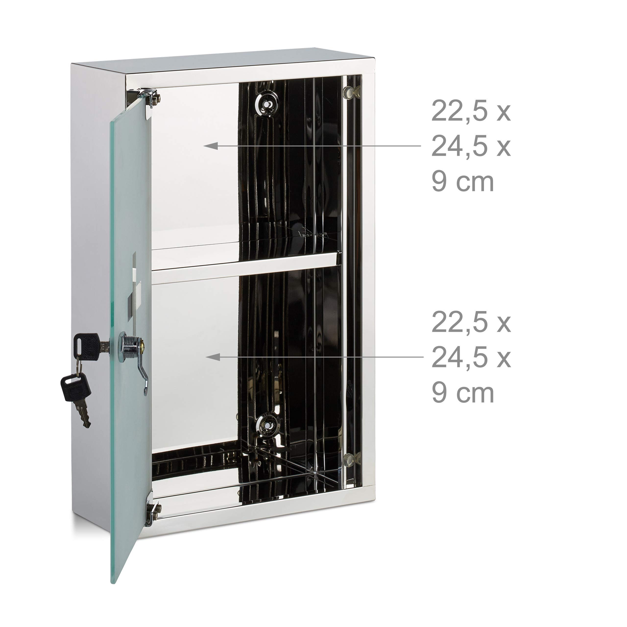 Armadietto Portamedicinale In Metallo Con 3 Ripiani E Porta In Vetro - 48x25 Cm - Acciaio Inox Con Serratura E 2 Chiavi - Incluso Sistema Tip-On