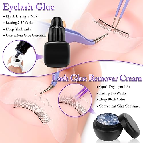 Vista 12 de Kit profesional de 404 suministros para extensiones de pestañas con racimos de pestañas, abanico de pestañas, pegamento de extensión, removedor