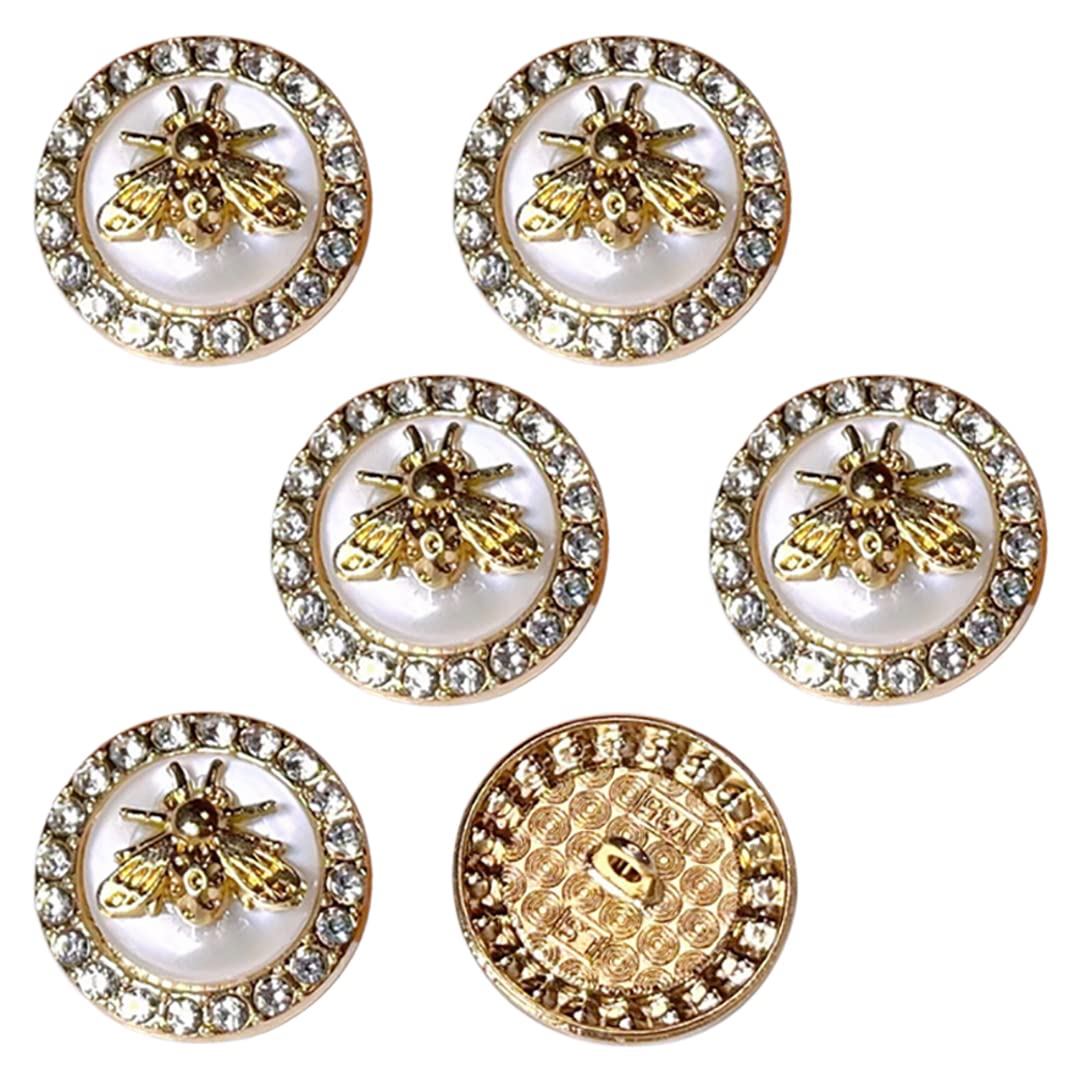 6 Pcs Gold Bee Metal Button Rhinestones Inlaid Shank Button Jelly Sewing Button for Clothing Brooch Pins Jewelry Making DIY 25mm