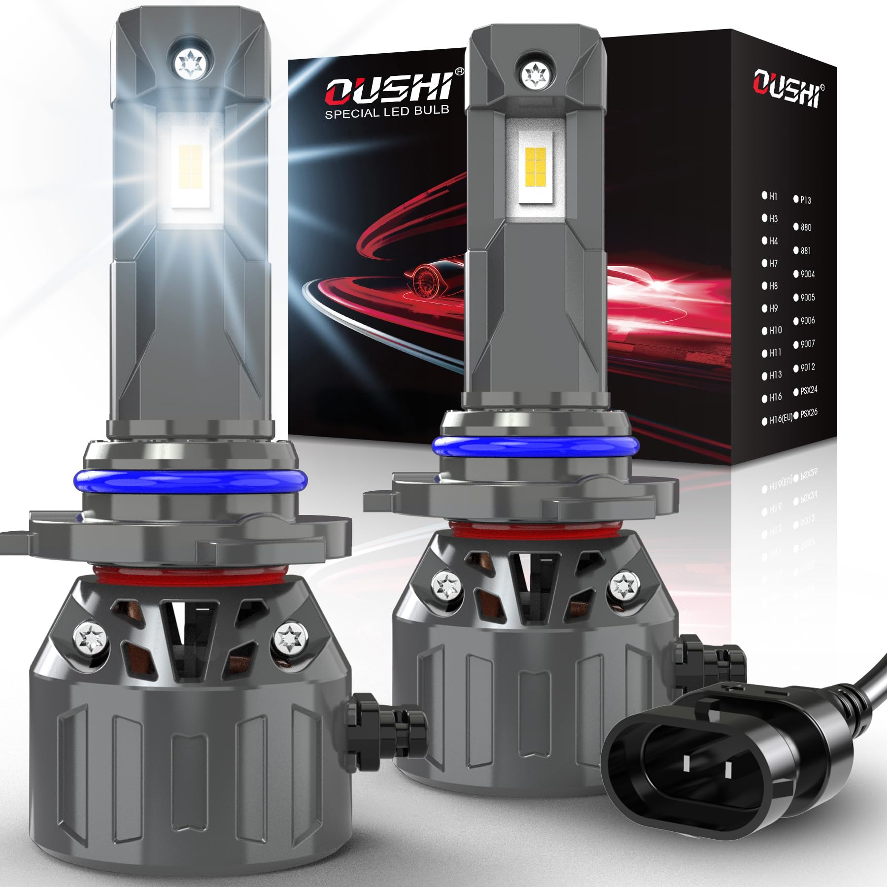 OUSHI Bombilla HIR2 LED 120W 32000LM, 800% Brillo 6000K Xenon Blanco Plug and Play Mini Tamaño 1:1 Alta Bombilla LED 9012, 2 piezas