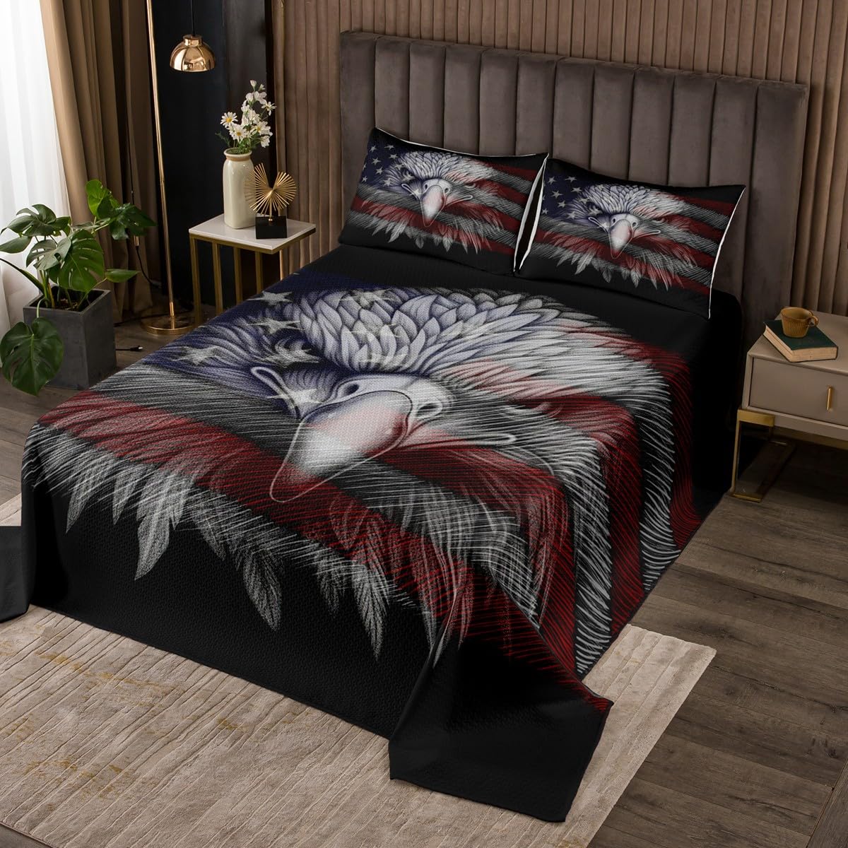 American Flag Eagle Coverlet Cute Eagle USA Flag Bedspread For Kids Children Teens Independence Eagle Day Quilt Set Black Color Quilted Bedroom Collection Bedroom Decor Bedding Set 3Pcs King Size