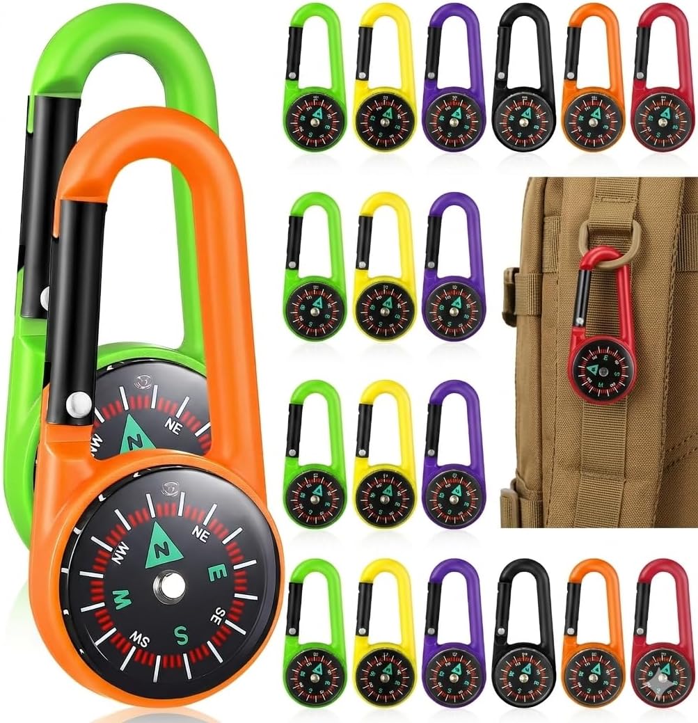 Alipis 24pcs Carabiner Compass Set: Small Pocket Compass Keychain for Kids & Adults - Colorful Mini Key Ring for Hiking, Survival, Camping, and Party Favors - 6 Assorted Colors