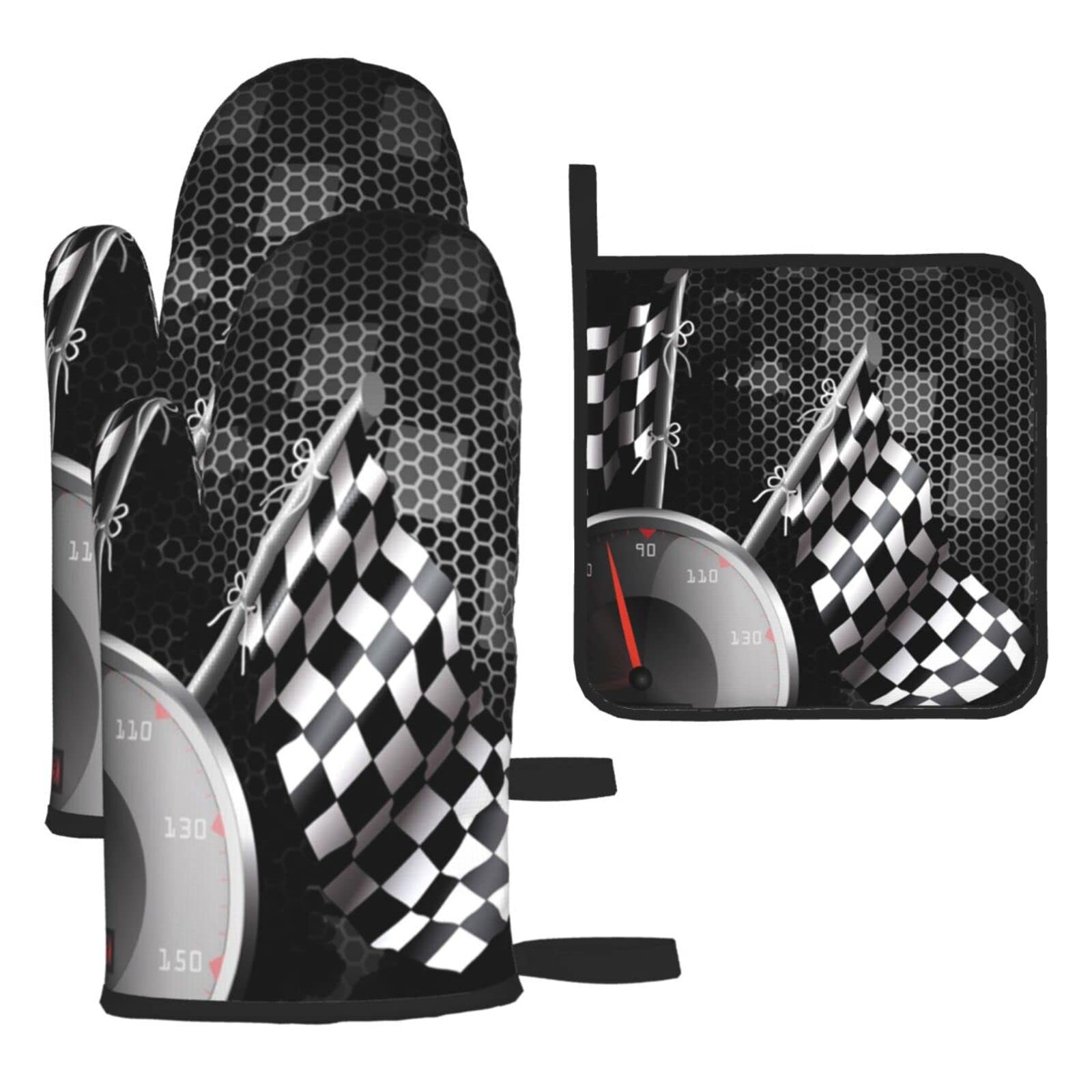 Checkered Flag Racing Printed Kitchen Baking Three-Piece Heat-Resistant Thick Cotton Oven Gloves for Cooking and Baking.