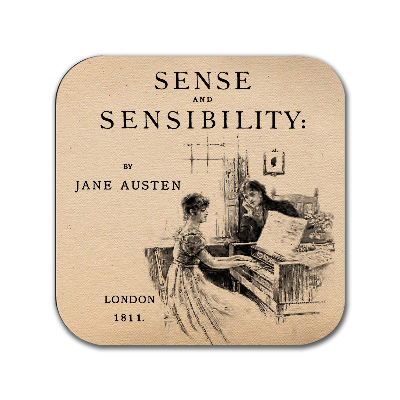 6 podstawek z kompletnymi powieściami Jane Austen, sześć podstawek pod kubek do kawy z kompletnymi powieściami projektów książek Jane Austen (stary papier)