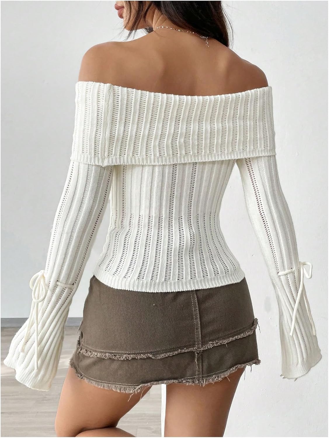 WDIRARA Women's Off The Shoulder Sweater Bell Long Sleeve Peplum Top