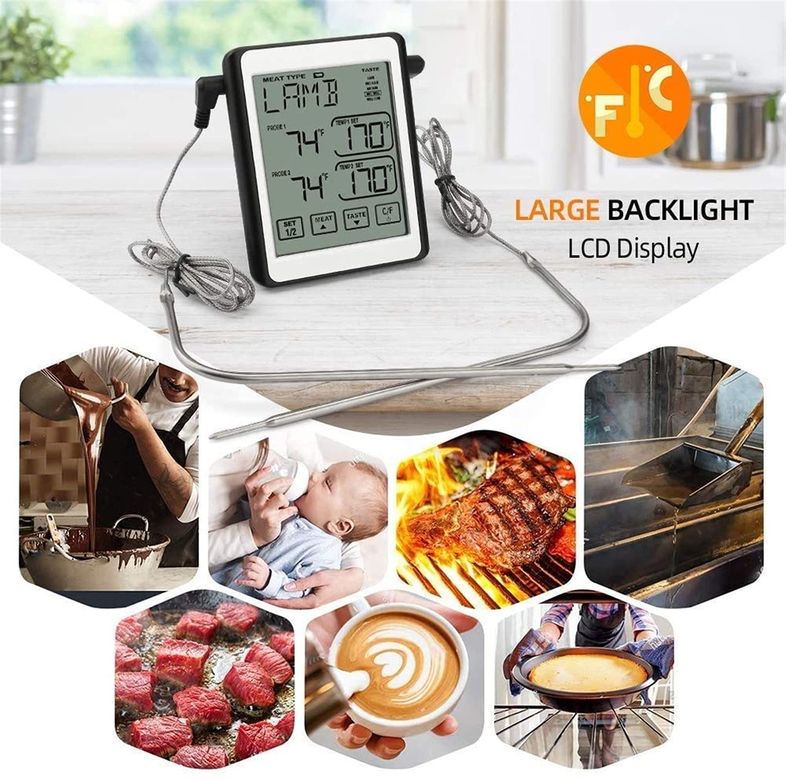 XMING Termómetro de Carne Digital Dual sonda de Cocina Barbacoa Pantalla táctil del termómetro LCD Alarma de Temporizador de retroiluminación