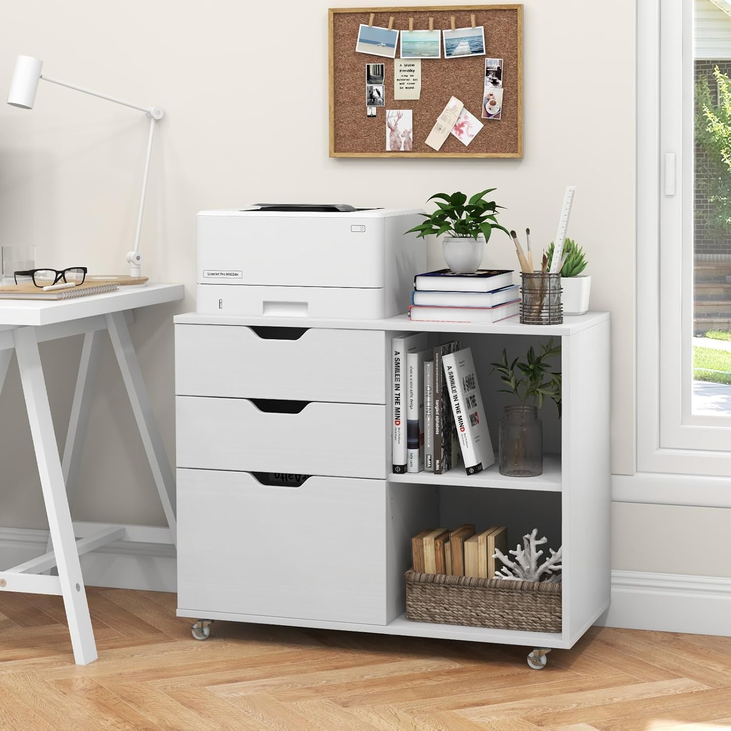 GOPLUS Caisson Bureau à roulettes en Bois, 3 Tiroirs & Étagère Ouverte Réglable, Support d'Imprimante Roulant pour Dossier Lettre, A4 pour Bureau, 81x40x66,5cm
