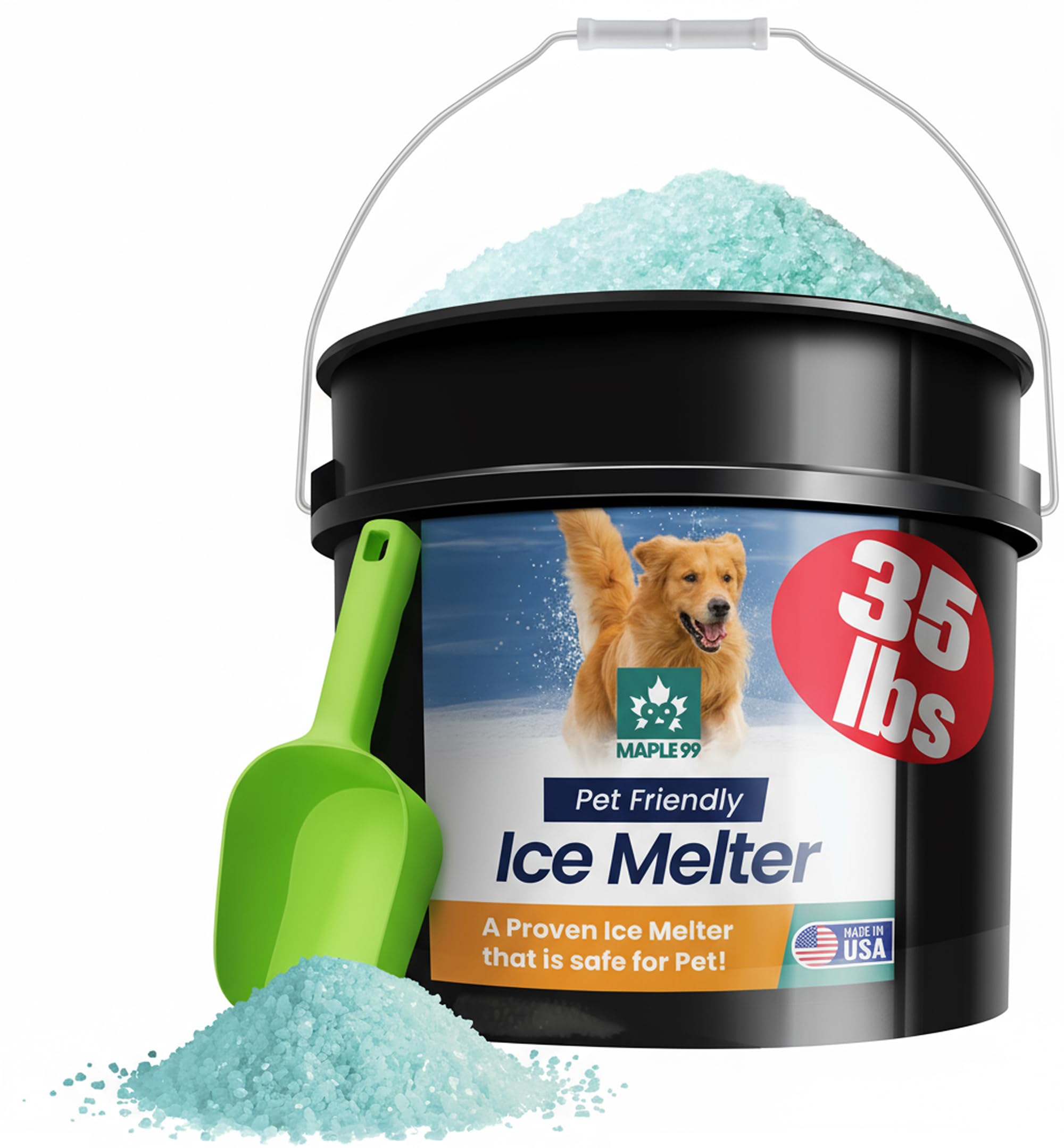 Maple99 Pet Safe Ice Melt Safer for Concrete 35 lb Snow Salt Ice Melt Pet Friendly, Green Salt for Snow and Ice Removal, Sidewalk Salt, Driveway Salt, Snow Melt is Effective Up to -5