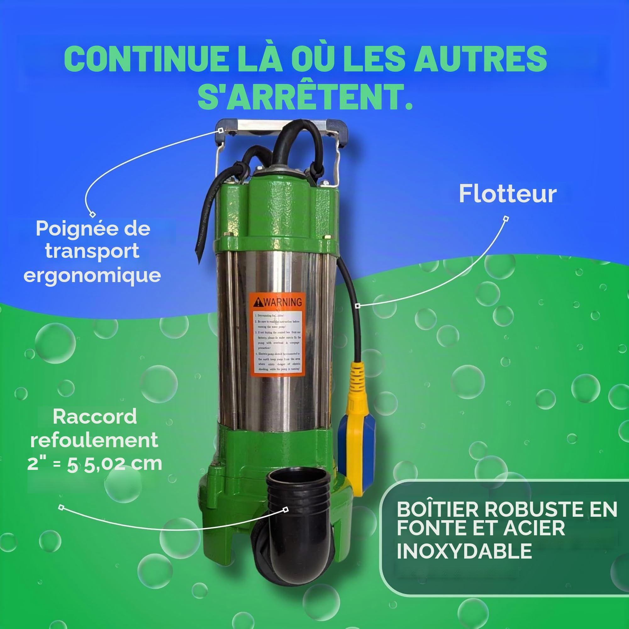 Pompe professionnelle pour eaux usées V550 11000 l/h (pompe à matières fécales professionnelle sans tuyau en C de 2")