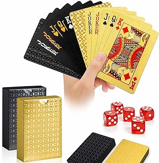 2er-Set Wasserdichte Spielkarten mit 5 Roten Würfeln, Goldene & Schwarze Diamantstruktur Kunststoff Pokerkarten für Pool, Strand, Party, Ideal für Romme, Blackjack, Tarot, Canasta Kartenspiel
