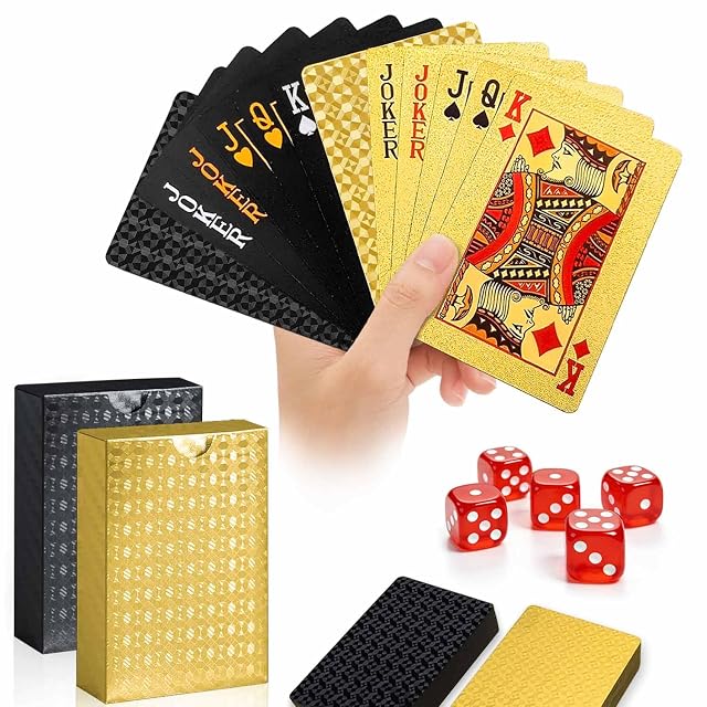 JWENUPDE Paquete de 2 cartas de plástico impermeables, baraja de lujo con textura de diamante dorado y negro