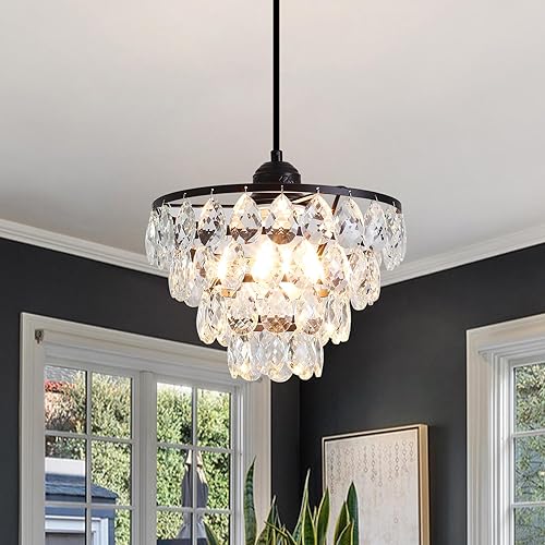 Luupyia Black Crystal Pendant Light Small Chandelier Crystals, 47.24 Inches Height Adjustable, Modern Crystal Hanging Lights Black Crystal Chandelier Ceiling Light Fixtures E26