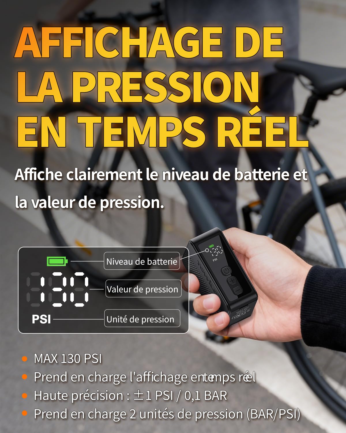 TOWILD A13 Pompe À Vélo Électrique Portatifs, Max 130 PSI Mini Compresseur d'air à Arrêt Automatique avec Valves Presta et Schrader pour Vélos de Route VTT Ville Route E-Bike Rechargeable Type-C