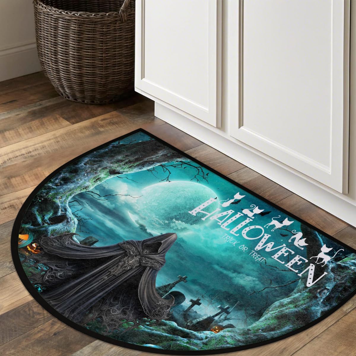 Halloween Grim Reaper Turquoise Half Round Doormat Washable Semi Circle Rug Non Slip Half Moon Rug Floor Mat for Indoor Outdoor Bathroom Kitchen Fireplace Entryway Bath Holiday Decor