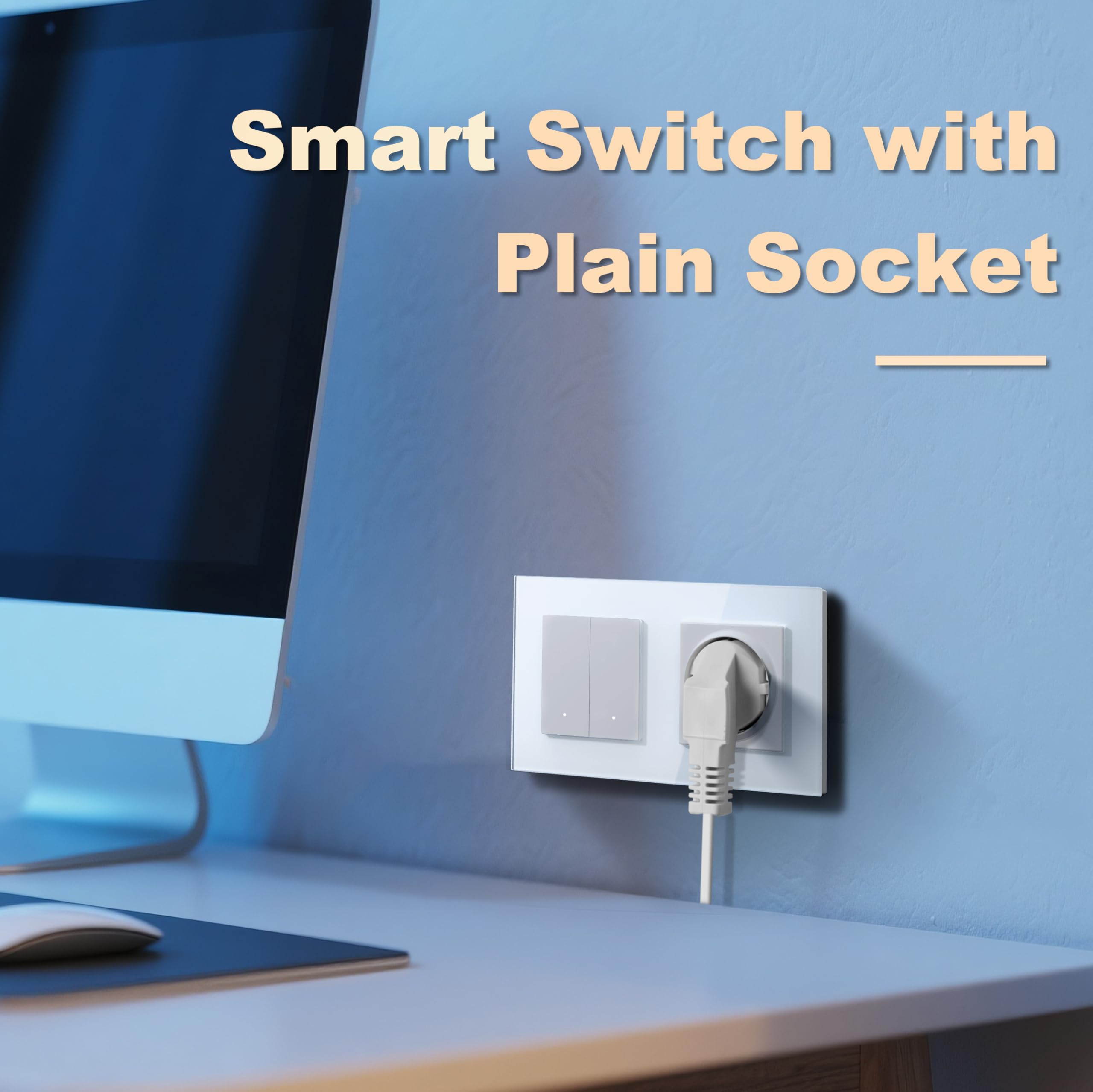 Interruptor Inteligente con Clic,WIFI Interruptores de Luz Con Cristal,Compatible con Alexa/Tuya/Smart Life,Requiere Cable Neutro,2 Gang 1 Vía con Enchufe,157mm Blanco