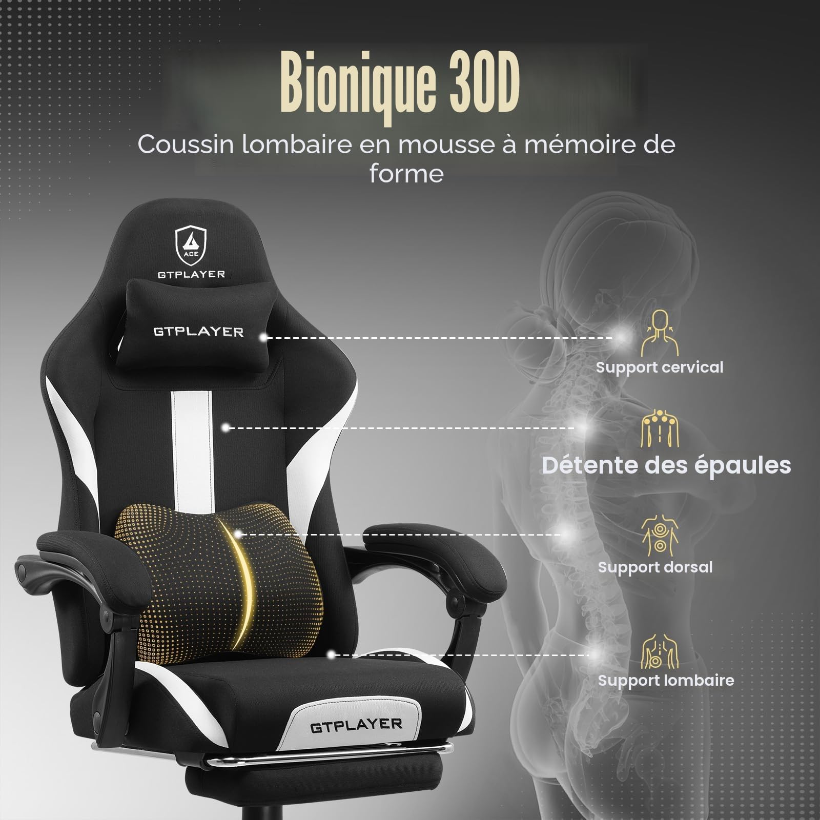 GTPLAYER Chaise de Gamer, Chaise de Bureau, Respirante, en Tissu de qualité supérieure, Ergonomique, réglable et pivotante, avec Repose-Pieds, Supporte 150 kg, Noire