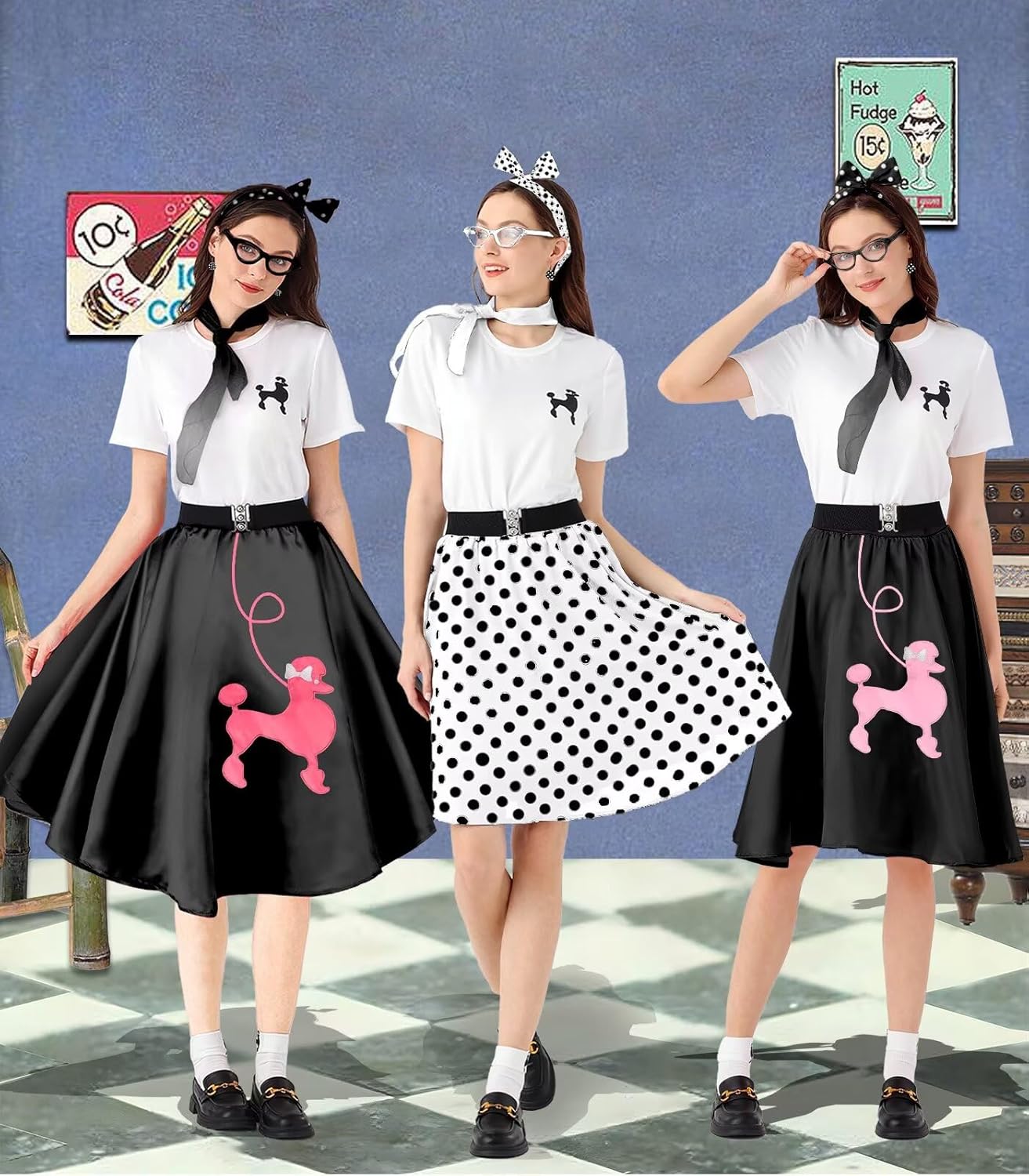 10Pcs Sock Hop Outfits Women, 1950s Poodle Skirts, Poodle T-Shirt with 50s Accessories Socks Scarf Headband Belt Earring - Image 6