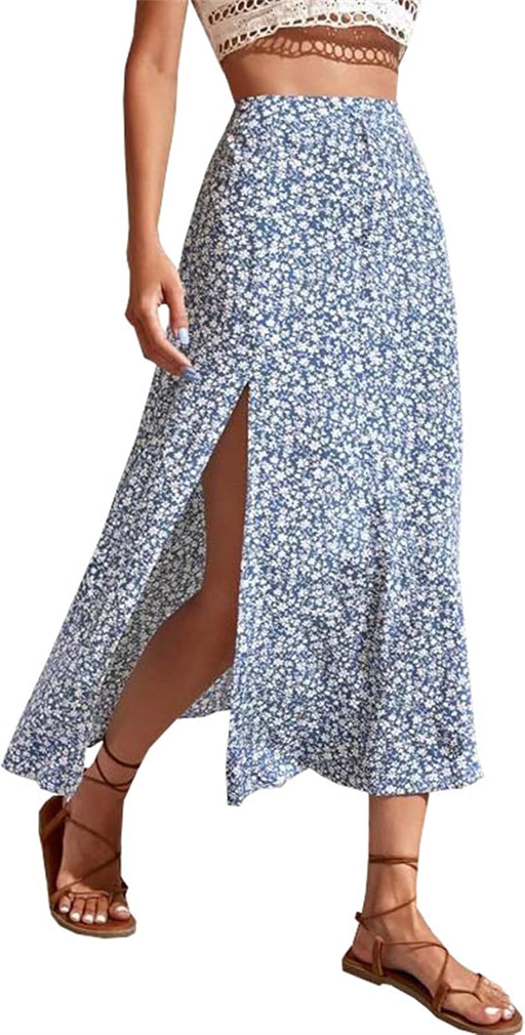 Women's Boho Split Floral Skirt High Waist Swing A Line Midi Skirt Elastic Waisted Ruffle Bodycon Skater Skirts