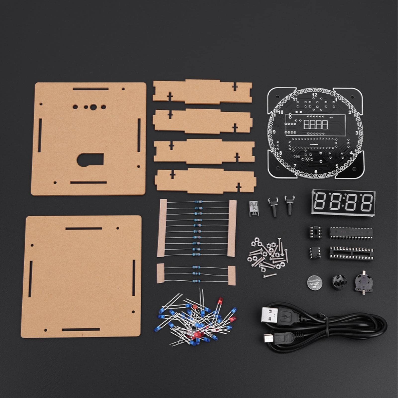 CCYLEZ Kit Orologio Fai-da-Te, Rotazione del Controllo della Luce, Kit Orologio Elettronico della Temperatura a LED Digitale, Multifunzione, Regolazione(Parti Verdi + Cavo di Alimentazione + Guscio)