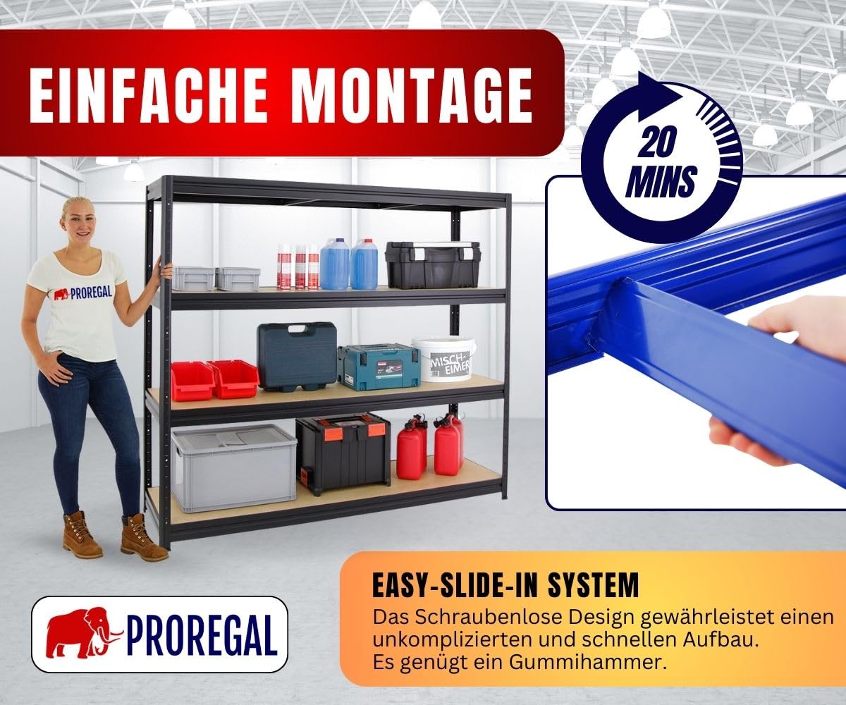PROREGAL Schwerlastregal Dino Extra Breit 180x200x60 cm Fachlast 500kg Schwarz, Garagenregal, Lagerregal, Steckregal, Weitspannregal