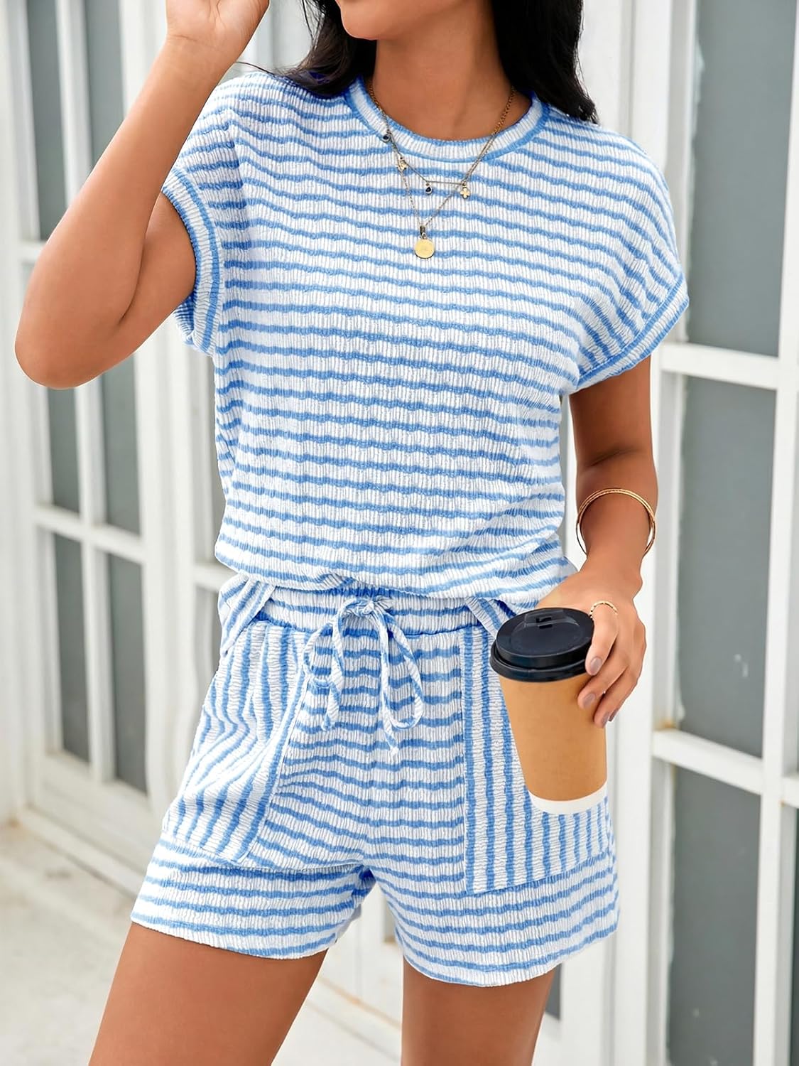 Tankaneo Womens Striped Summer 2 Piece Short Sets Short Sleeve T Shirts Drawstring Shorts Casual Outfits Lounge Pajama Sets