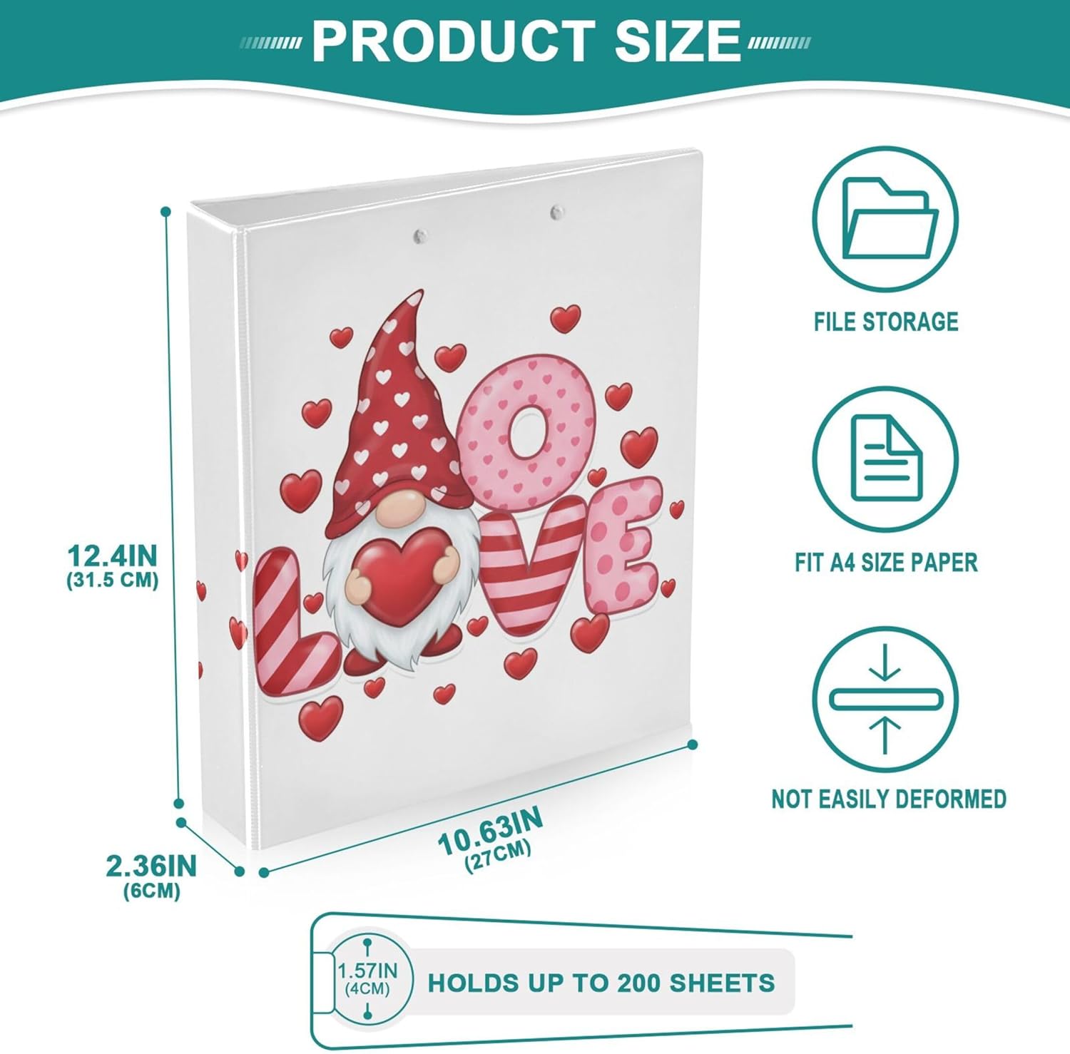 Cute Valentine's Day Dwarf 3 Ring Binders, 1.5” Round Ring Binders with Clipboard - Letter Size, 3 Interior PVC Clear Pockets & Anti-Slip Clip for Office School Supplies, 2PCS