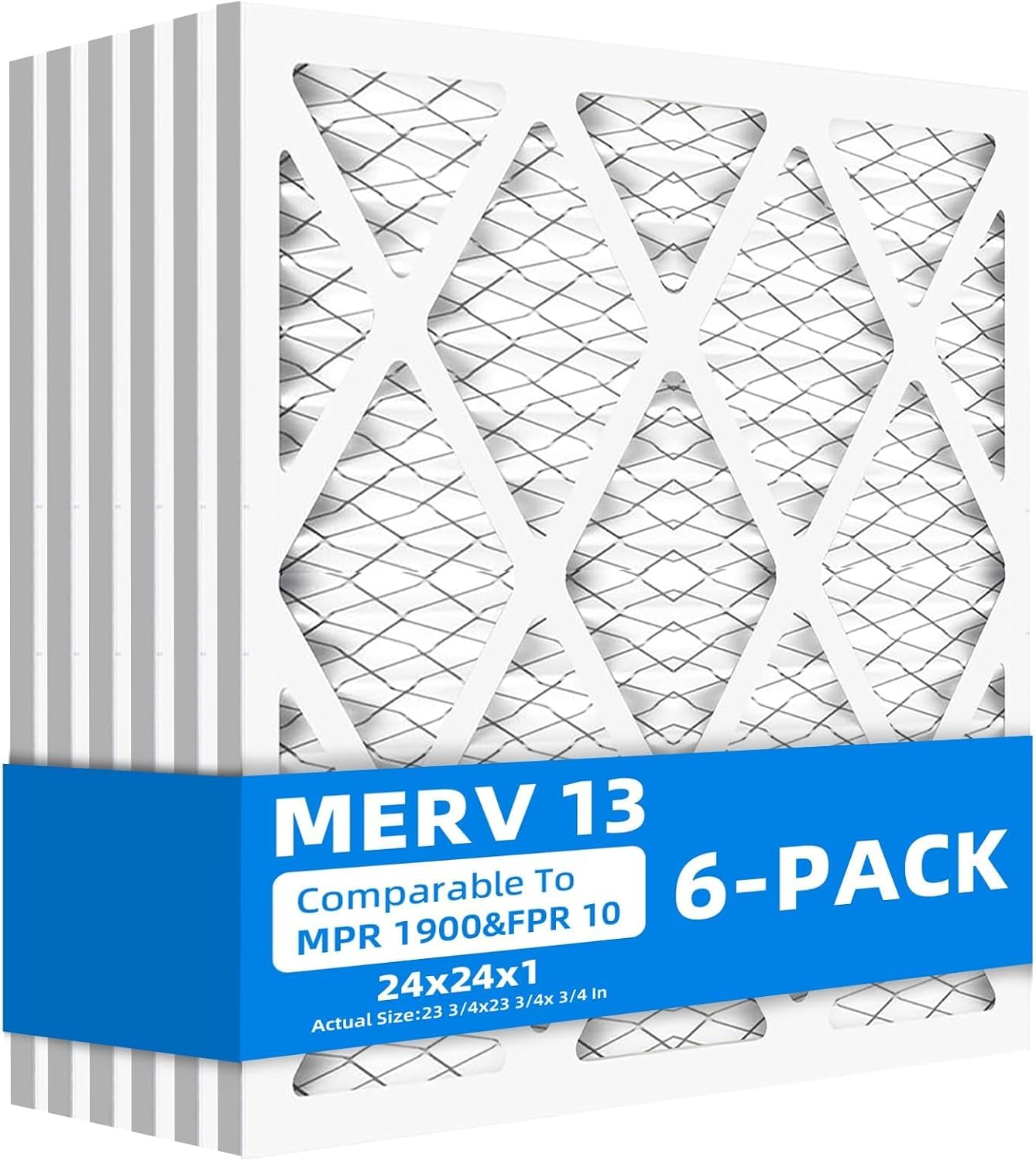 (6 Pack) 24x24x1 Furnace Air Filters, MPR 1900 & FPR 10, MERV 13 Pleated Air Filter (Actual Size: 23.75"x23.75"x0.75") 24x24x1 6-Pack MERV 13