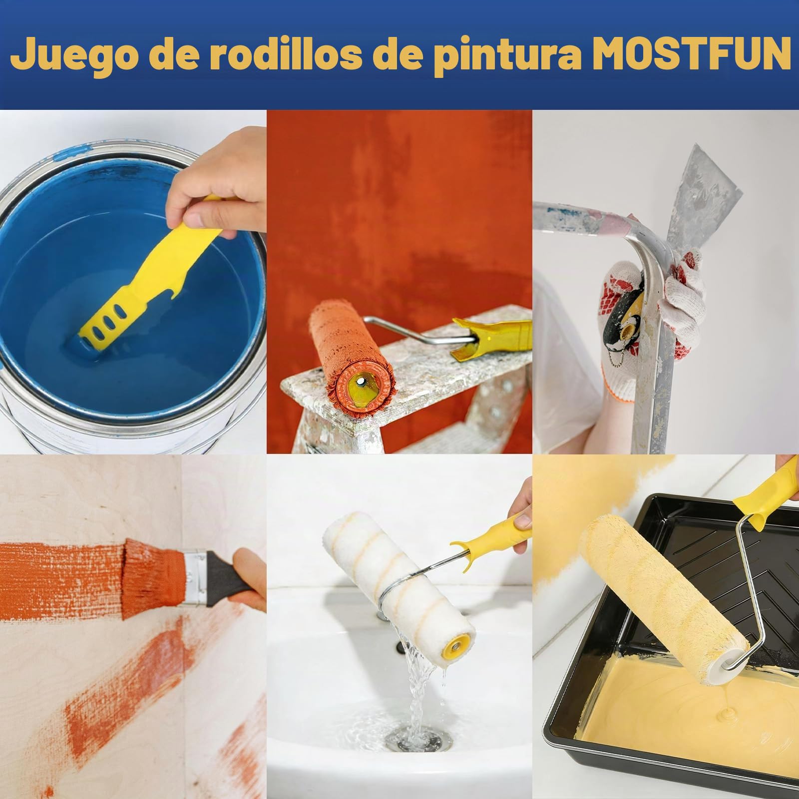 12 Piezas Kit Rodillo Para Pintar Paredes Multifunción, con 3 Barra Telescópica, Bandeja, Rodillos, Marco de Rodillo, Mezclador, Espátula, Brocha Pintura para Pintar Renovar Paredes y Techos