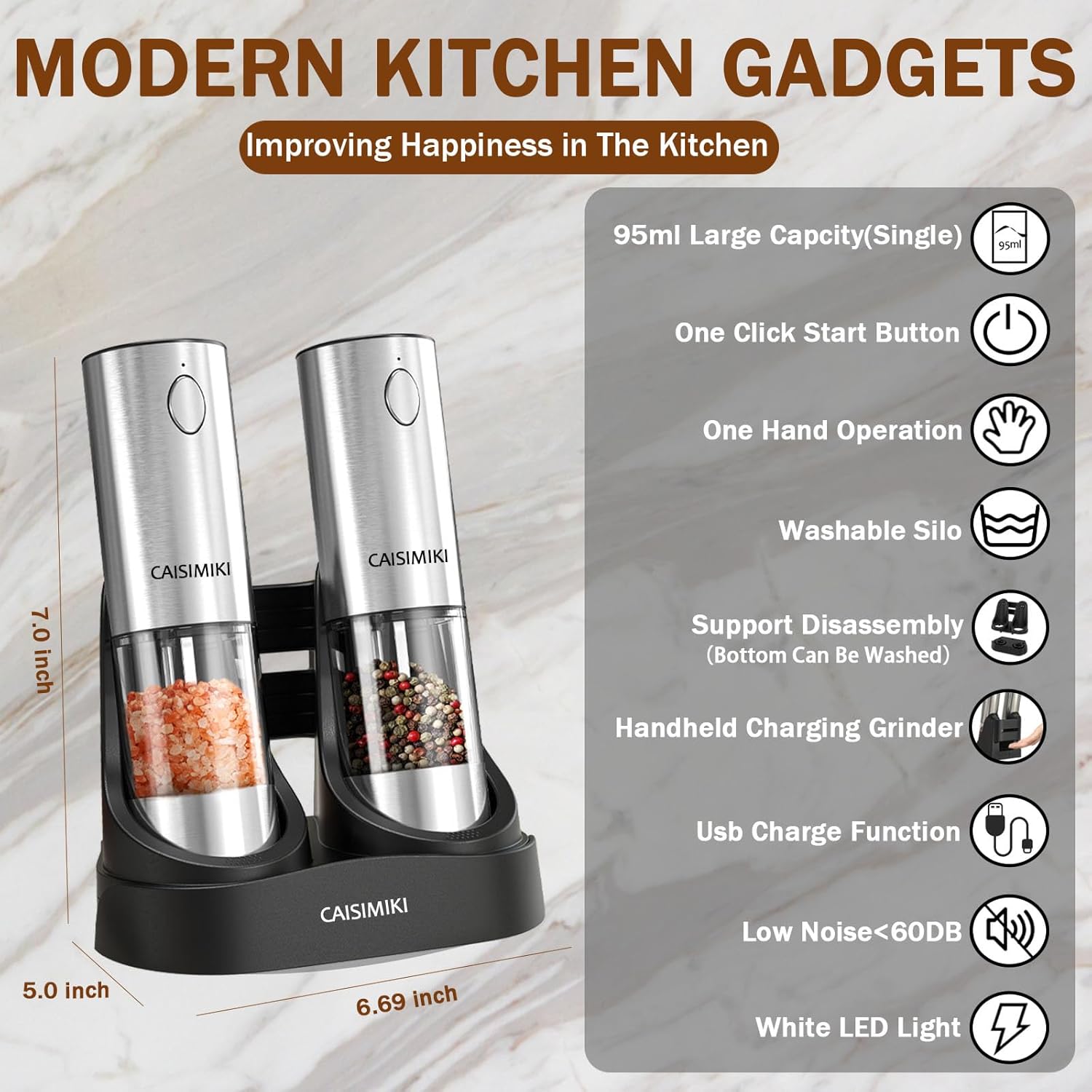 Electric Salt and Pepper Grinder Set Upgraded Stainless Steel Spice Grinder USB Rechargeable Automatic Pepper Mill Dual Charging Station Grinder Shakers, Silver