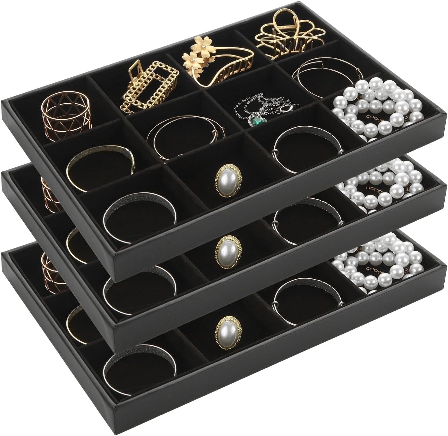 STARVAST 3 Pcs Stackable Velvet Jewelry Organizer Trays, 12 Grids Jewelry Organizers and Display Case Storage for Earrings Bracelets Necklace Rings, Jewelry Trays Drawer Insert