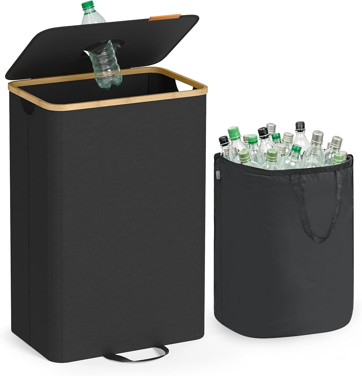 SONGMICS Pfandflaschen-Sammelbehälter, 95 L Pfandflaschen-Behälter, Flaschensammler Leergut, Recycling-Behälter, mit Loch, Deckel, Innensack mit Griffen, Küche, tintenschwarz-naturbeige RRB509B01