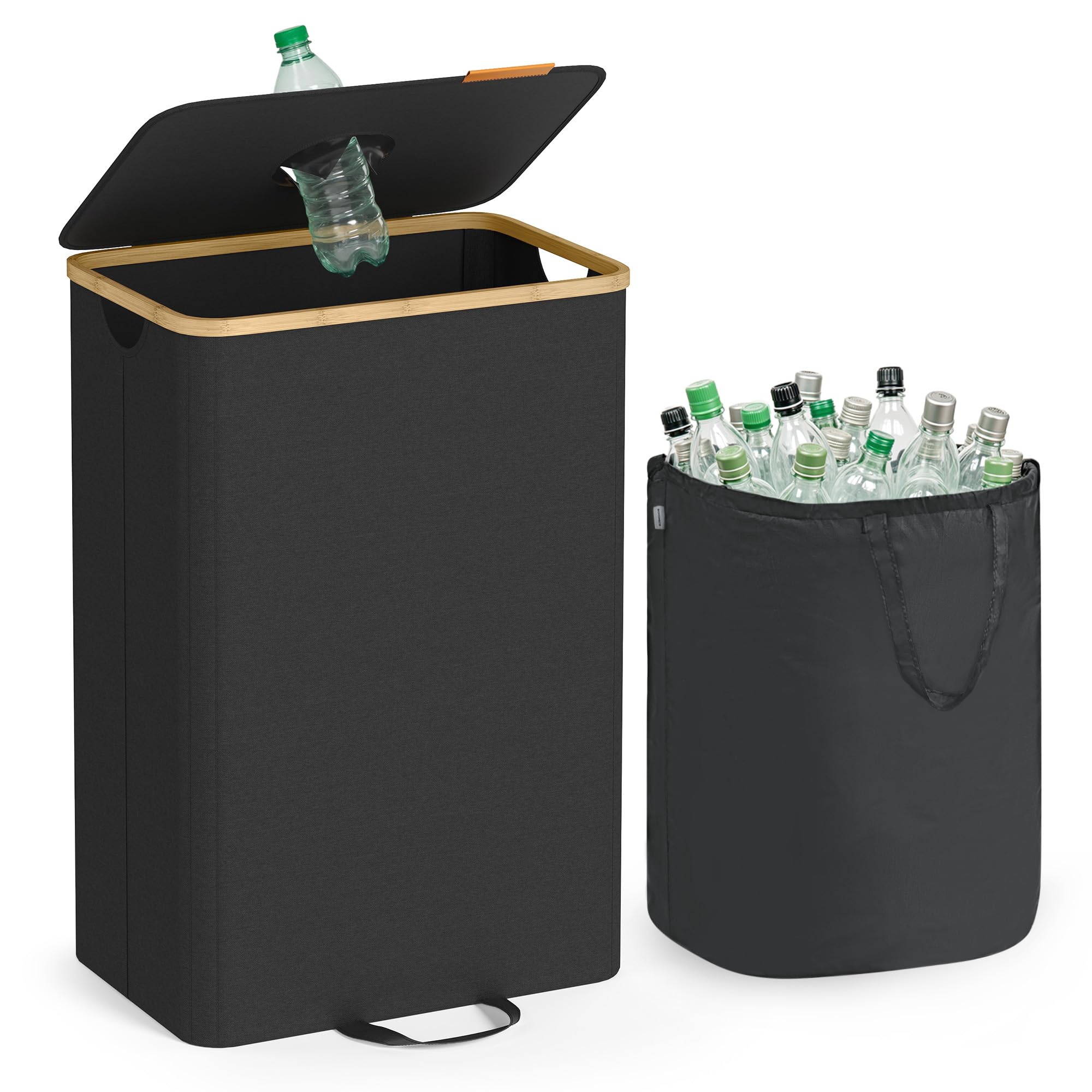 SONGMICS Recycling Bin, 25 Gal. Bottle Recycling Container, Deposit Bottle Collection Bin, for Metal, Plastic, Paper, Glass, Inner Bag with Handles, Kitchen, Ink Black and Natural Beige URRB509B01