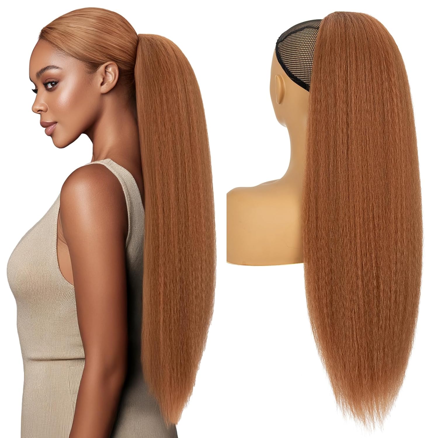 S-noilite Long Yaki Straight Ponytail Extension for Black Women 24 inch Drawstring Wrap Around Yaki Ponytails Natural Black Thick Kinky Straight Pony Tail Hair Extensions(Natural Black)