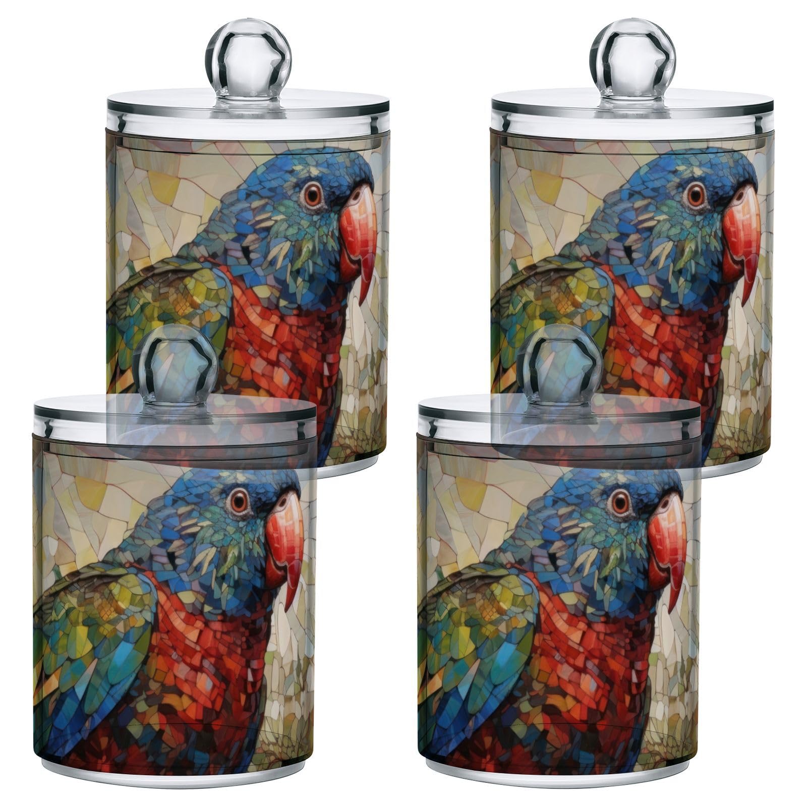 Vnurnrn Bathroom Jars with Lid Set Vintage Parrot Tree Print, Plastic Vanity Canisters Storage Organizer for Cotton Balls Swabs Pads Salts 4 Pack