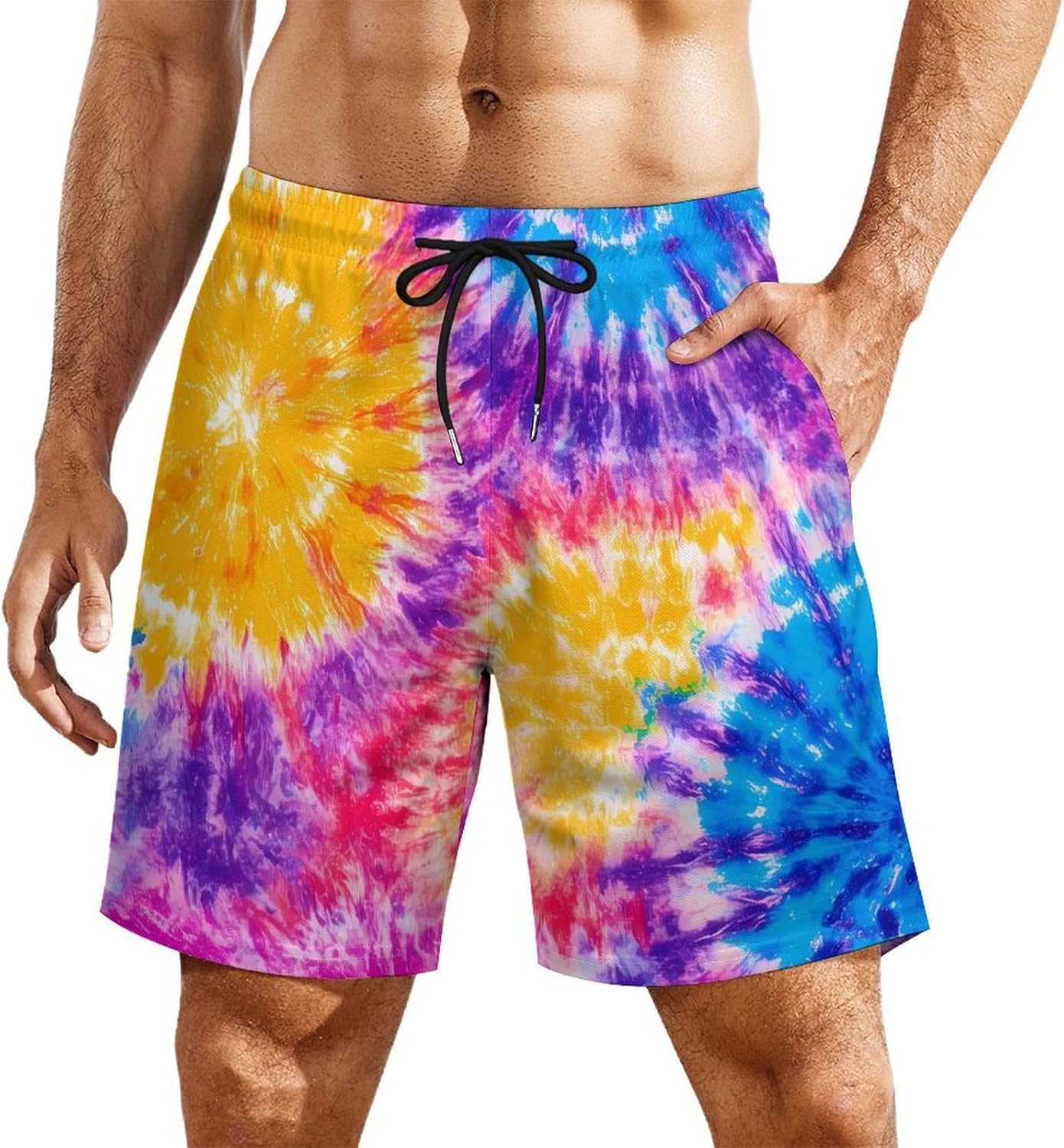 Tie-dye Rainbow Casual Beach Shorts for Men Elastic Waist Drawstring Swim Shorts With Compression Liner