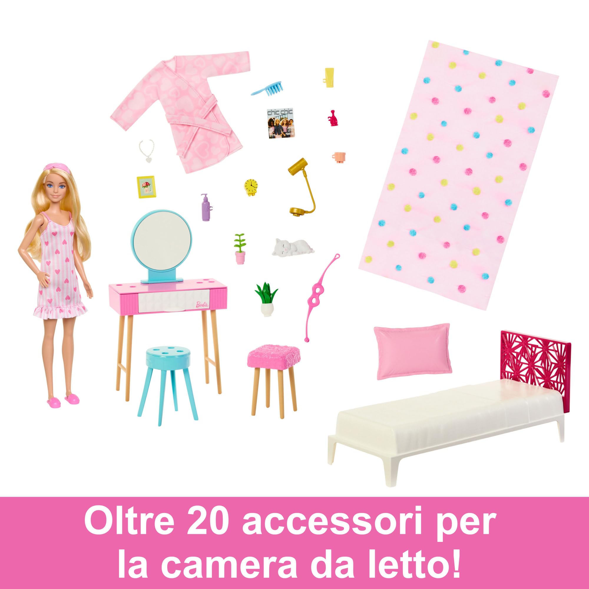 Barbie - Set Camera da letto di Barbie, include una bambola in pigiama rosa e pantofole, un gattino, letto, specchiera e comodino, 20+ accessori a tema, giocattolo per bambini, 3+ anni, HPT55