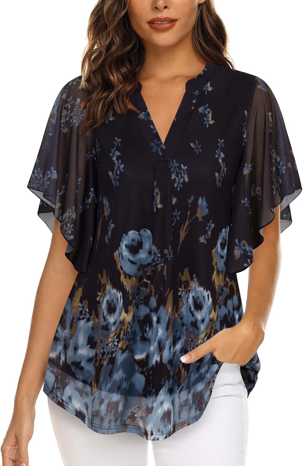 Timeson Women's Short Sleeve V Neck Blouses Shirts Floral Double Layers Mesh Tunics Tops - Image 2